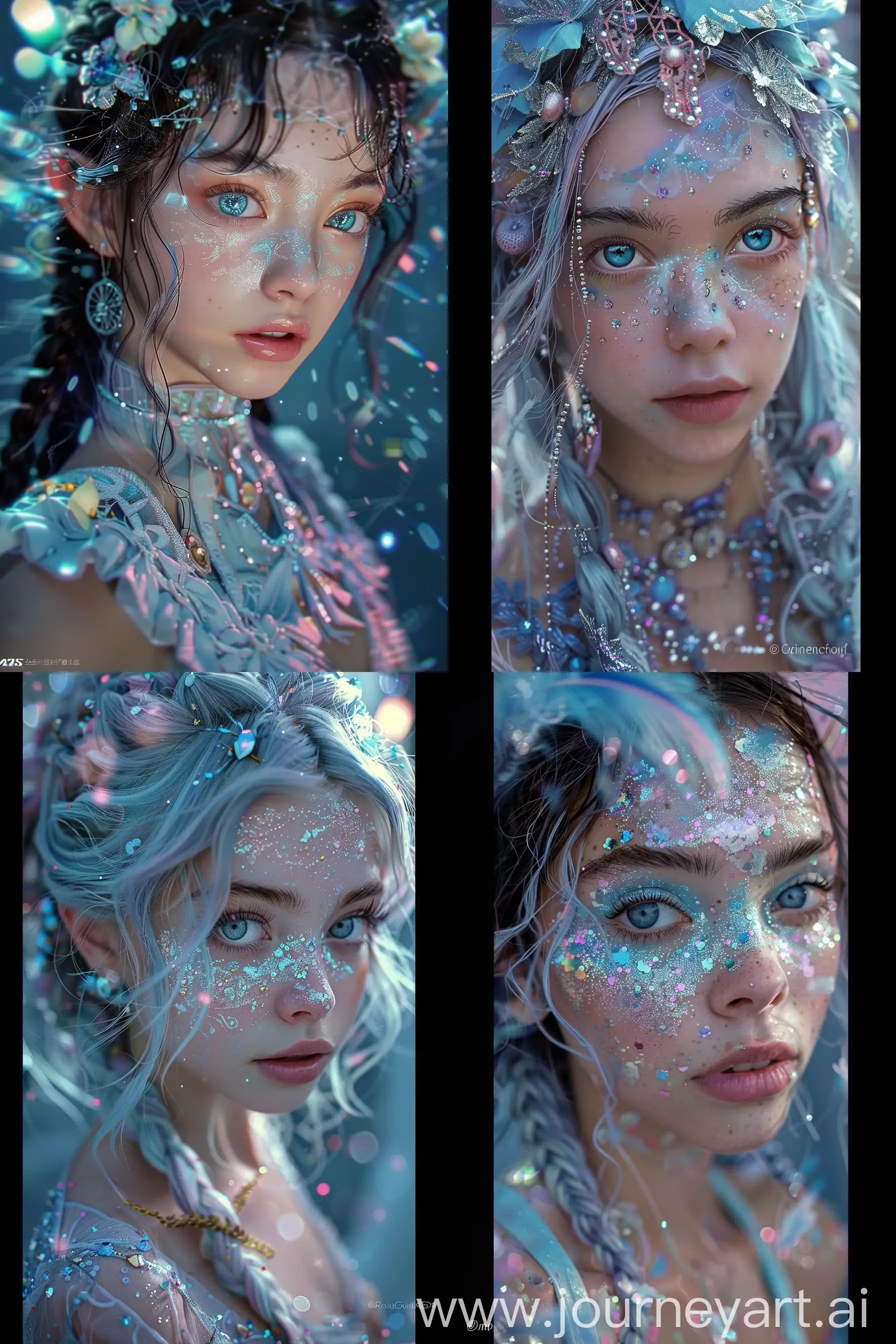 !mj2 https://i.postimg.cc/6Q20ZJVV/450c0651d96d2945ae24bb55eeafa116-0.jpg Elfin cyber-fantasy portrait, young woman with luminescent large eyes, ethereal makeup, holographic hair with braids, curls in shades of blue, pink, lavender, adorned with futuristic accessories, sci-fi armor attire with metallic sheen, embedded gemstones, intricate patterns, abstract celestial background with technological motifs, mood of enchantment, intrigue, cool color palette with blues, purples, silver, accents of pink, pastel warmth, @starsmits90, surreal atmosphere --ar 2:3 --s 750 --v 6 --chaos 15