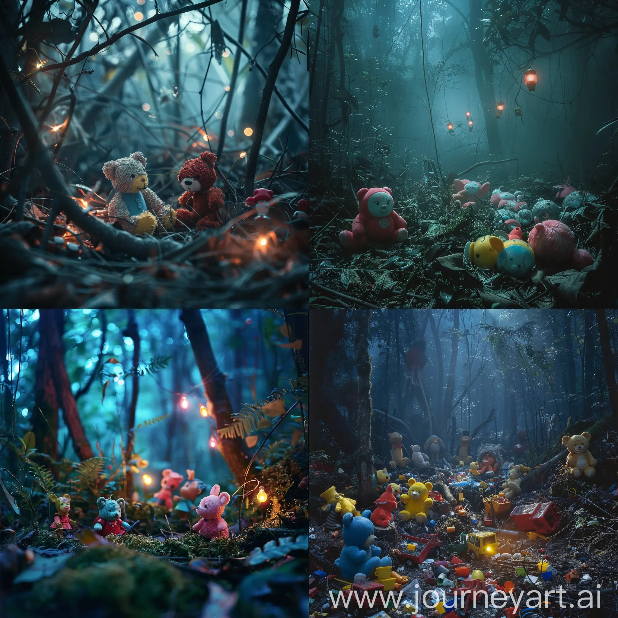 vivid toys are abandoned in a thick forest, surreal lights