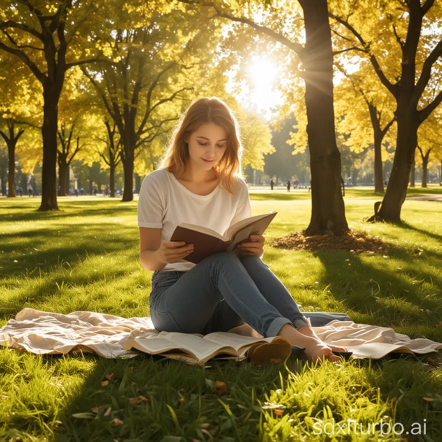 reading a book in a sunny park