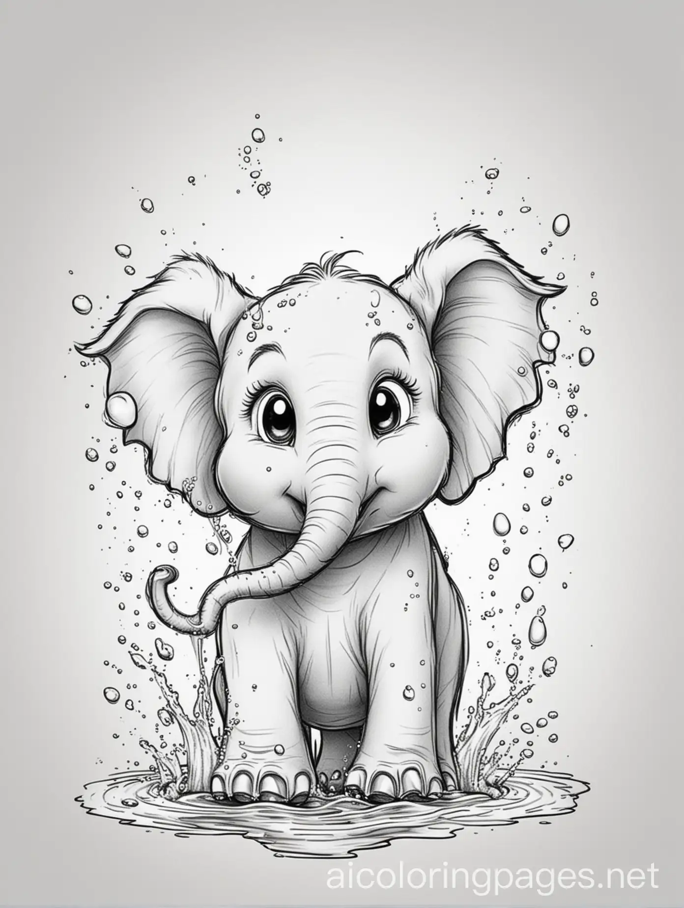 cute elephant splashing water, Coloring Page, black and white, line art, pure white background, Simplicity, Ample White Space. , Coloring Page, black and white, line art, white background, Simplicity, Ample White Space. The background of the coloring page is plain white to make it easy for young children to color within the lines. The outlines of all the subjects are easy to distinguish, making it simple for kids to color without too much difficulty