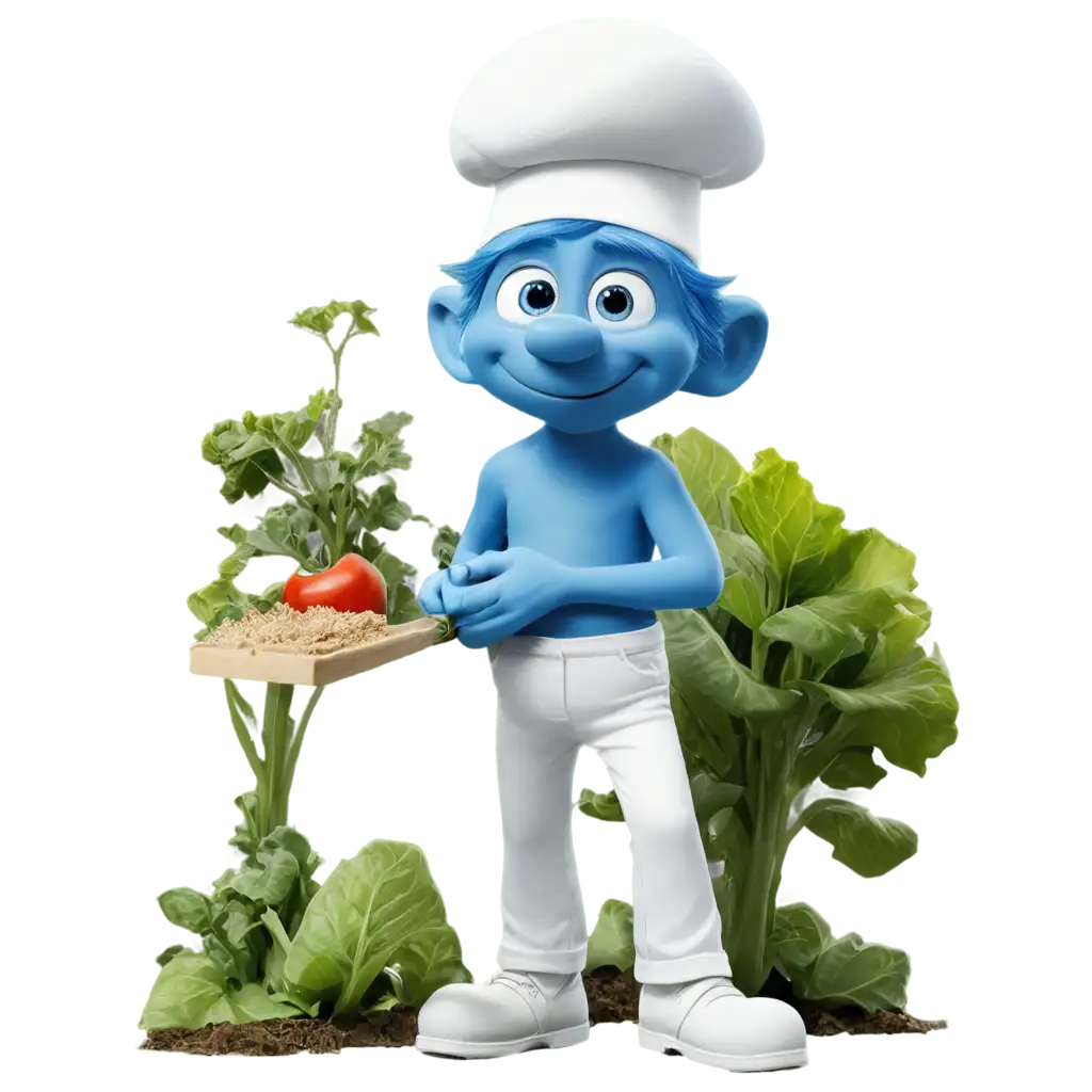 a smurf working in the vegetable garden with a white hat and white pants