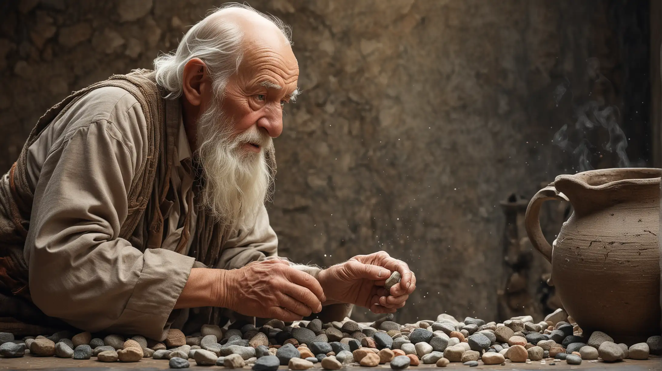 Мудрый старец сыплет Горсть мелких камней  в кувшин заполненный до краёв большими камнями