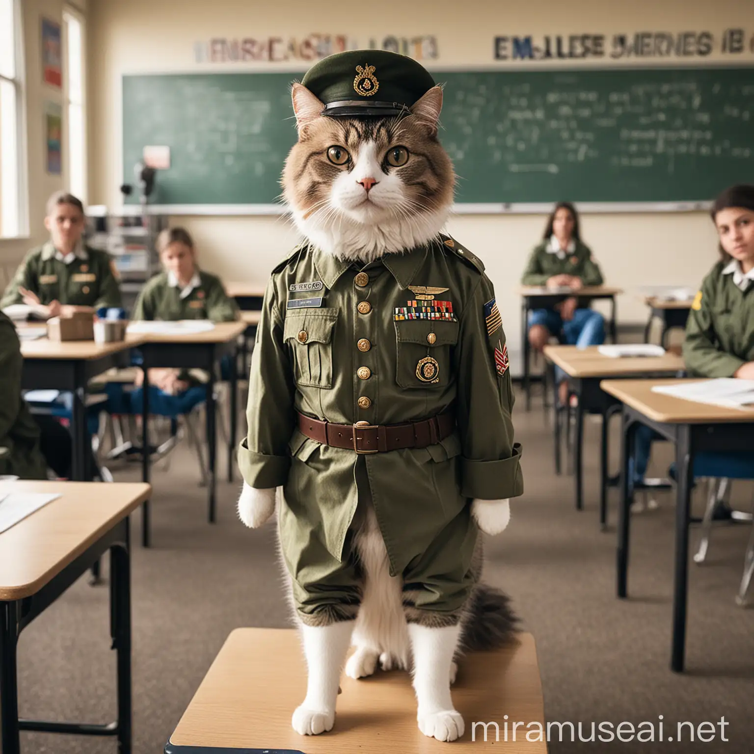 Military Cat Teaching Biology to Students in Classroom