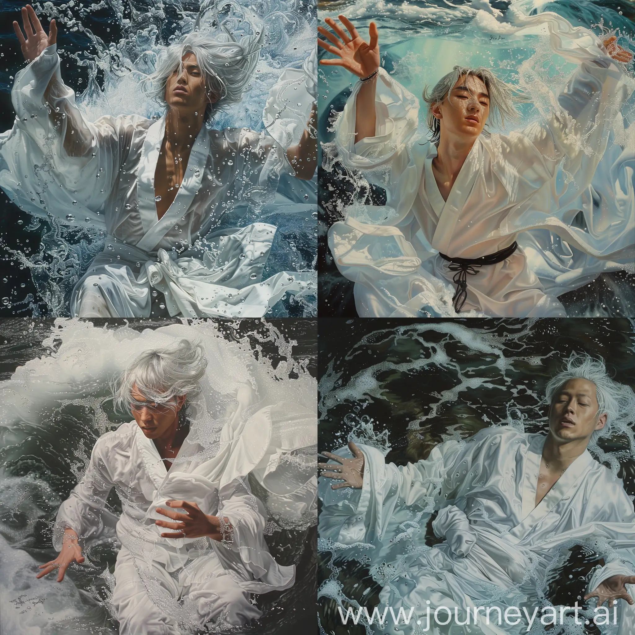 Hyperrealistic-Young-Asian-Man-in-White-Kimono-by-Water