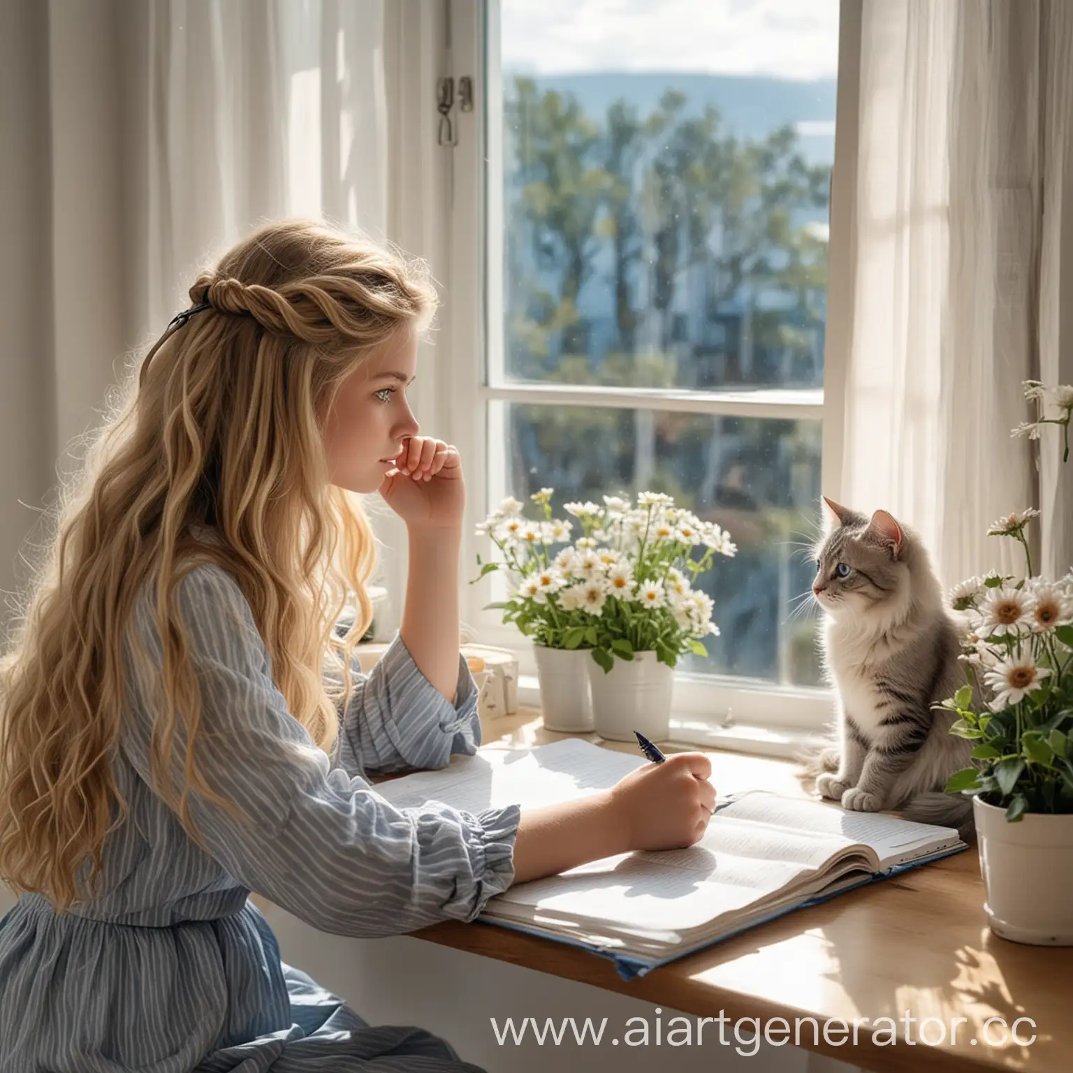 Thoughtful-Copywriter-Girl-with-Cat-Writing-at-Sunlit-Table-by-the-Sea