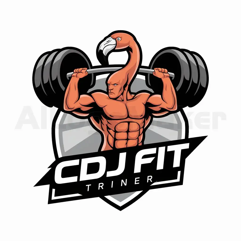 a logo design,with the text "CDJ FIT TRAINER", main symbol:A muscular human with head of flamenco lifts a heavy weight over the head.,Moderate,be used in Sports Fitness industry,clear background