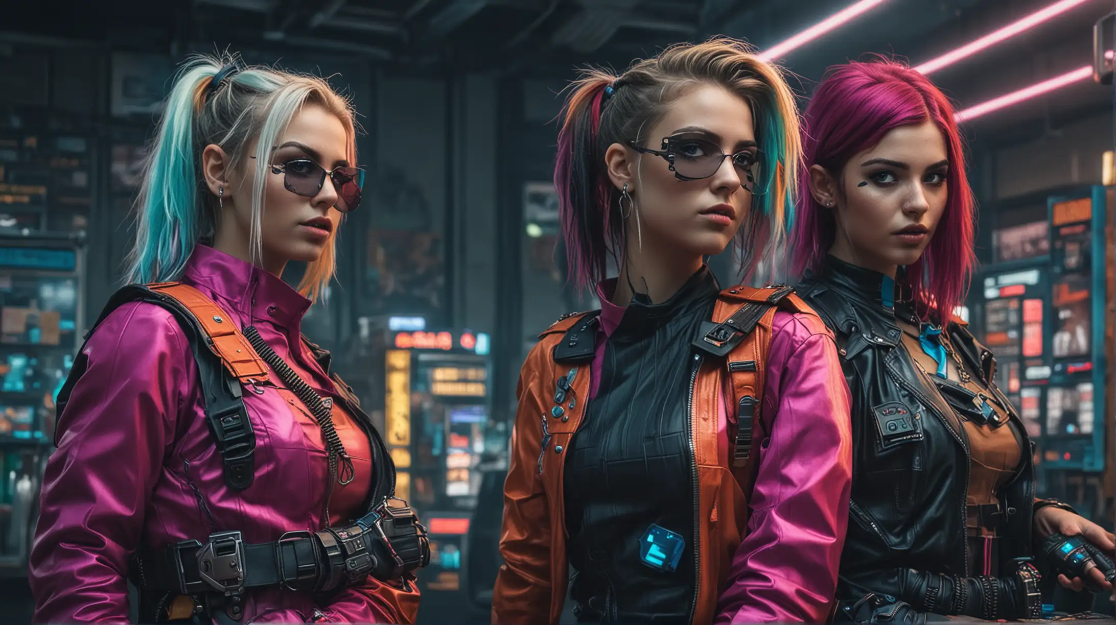 three young women in colorful cyberpunk uniforms robber a bank