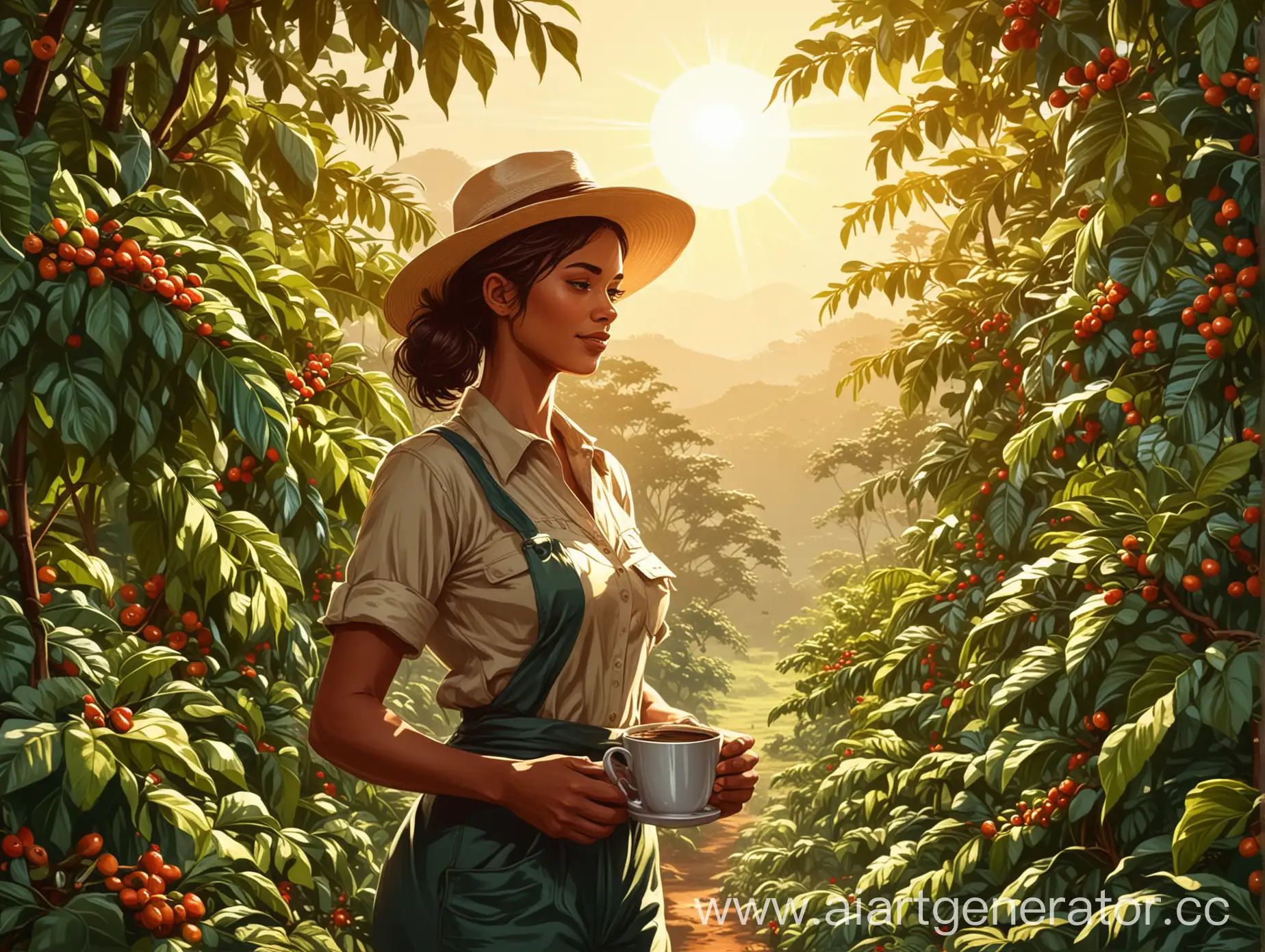 coffee farm, woman worker, full height, sunshine, vector illustration