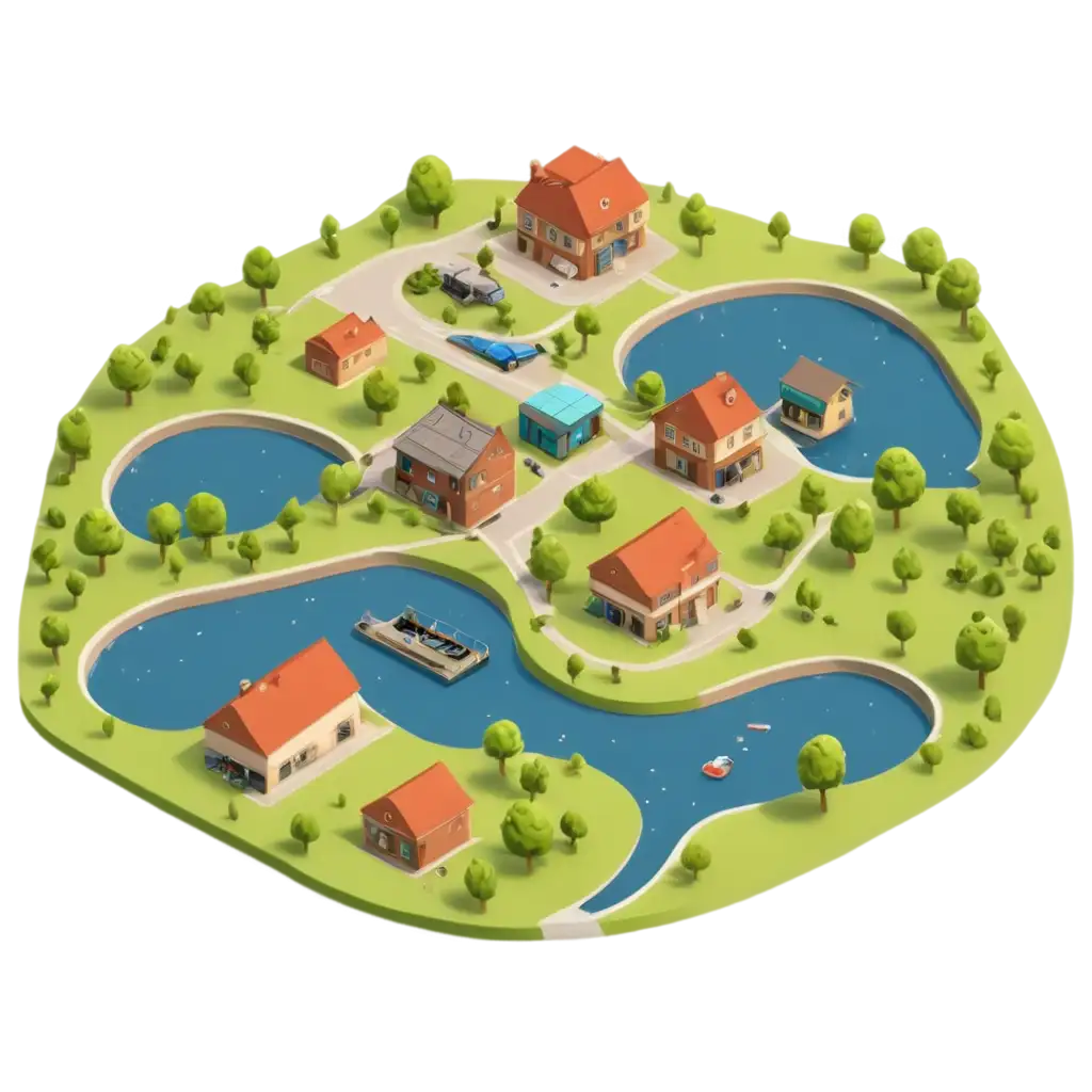 3d isometris peta yang didalamnya terdapat, bukit, jalan, sungai, kolam, rumah penduduk, pabrik, perkantoran, pasar dan pertokoan