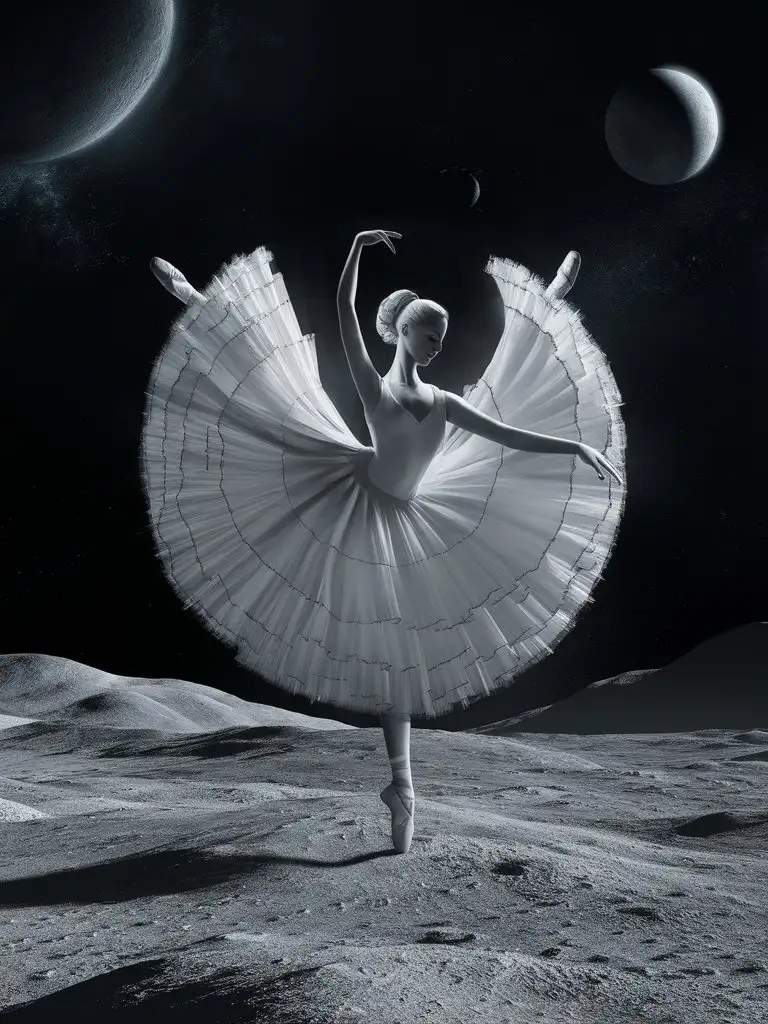 a classical dancer dances on the surface of the moon, her skirt fluttering in weightlessness, elegant dance moves, with infinite universe and planets in the background, black and white style --ar 3:4 --chaos 333