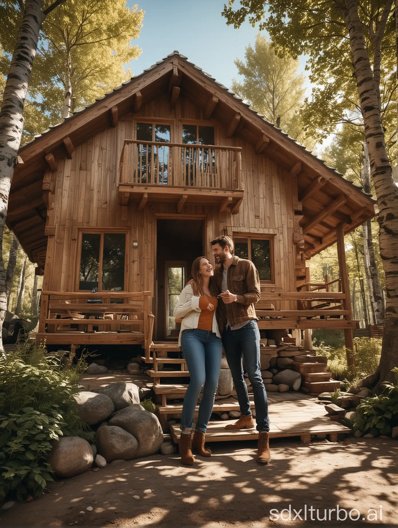 Couple laughing in the isolated chalet with the camera with a low angle of trees, texture and shaders with extremely detailed shadows generating pixels bordering on reality.