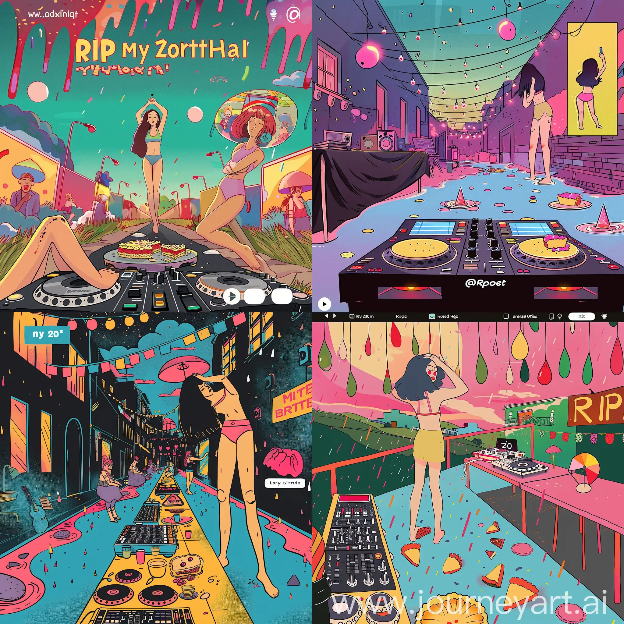 draw a poster in vector for a birthday party. street, summer, on the right there is a long table on it a girl stands on her head and there are pieces of pie on the table, on the left there is a table with a DJ console and speakers, the table is decorated with decorative rain. in the upper right corner there is a phrase written rip my 20th birthday is the name of the party.