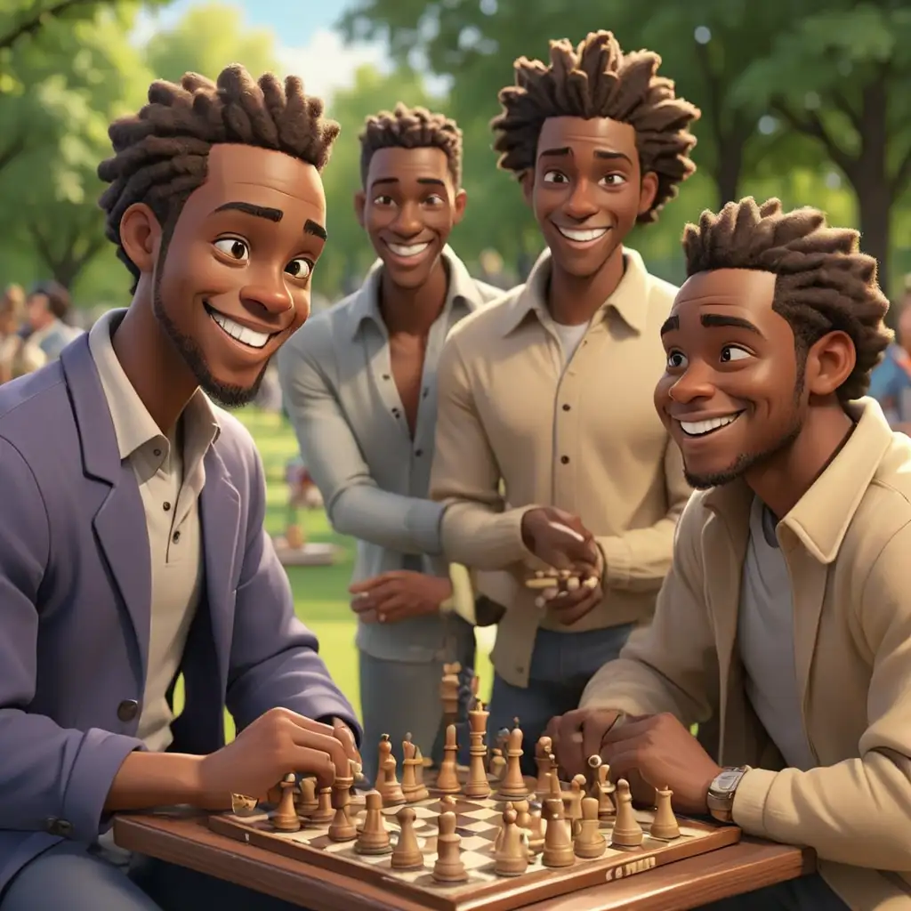 Happy African American Men Playing Chess in the Park
