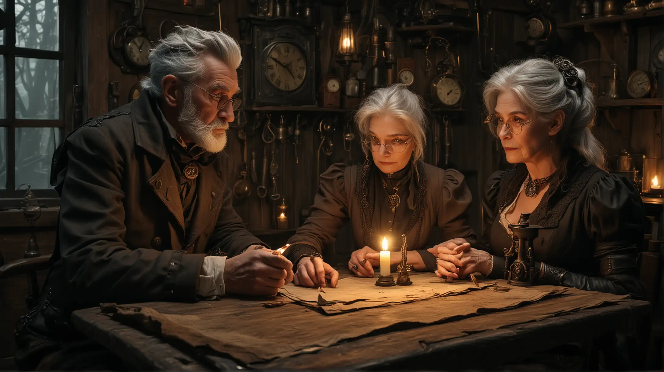 Elderly Steampunk Couple Contemplate Time in Dimly Lit Cabin
