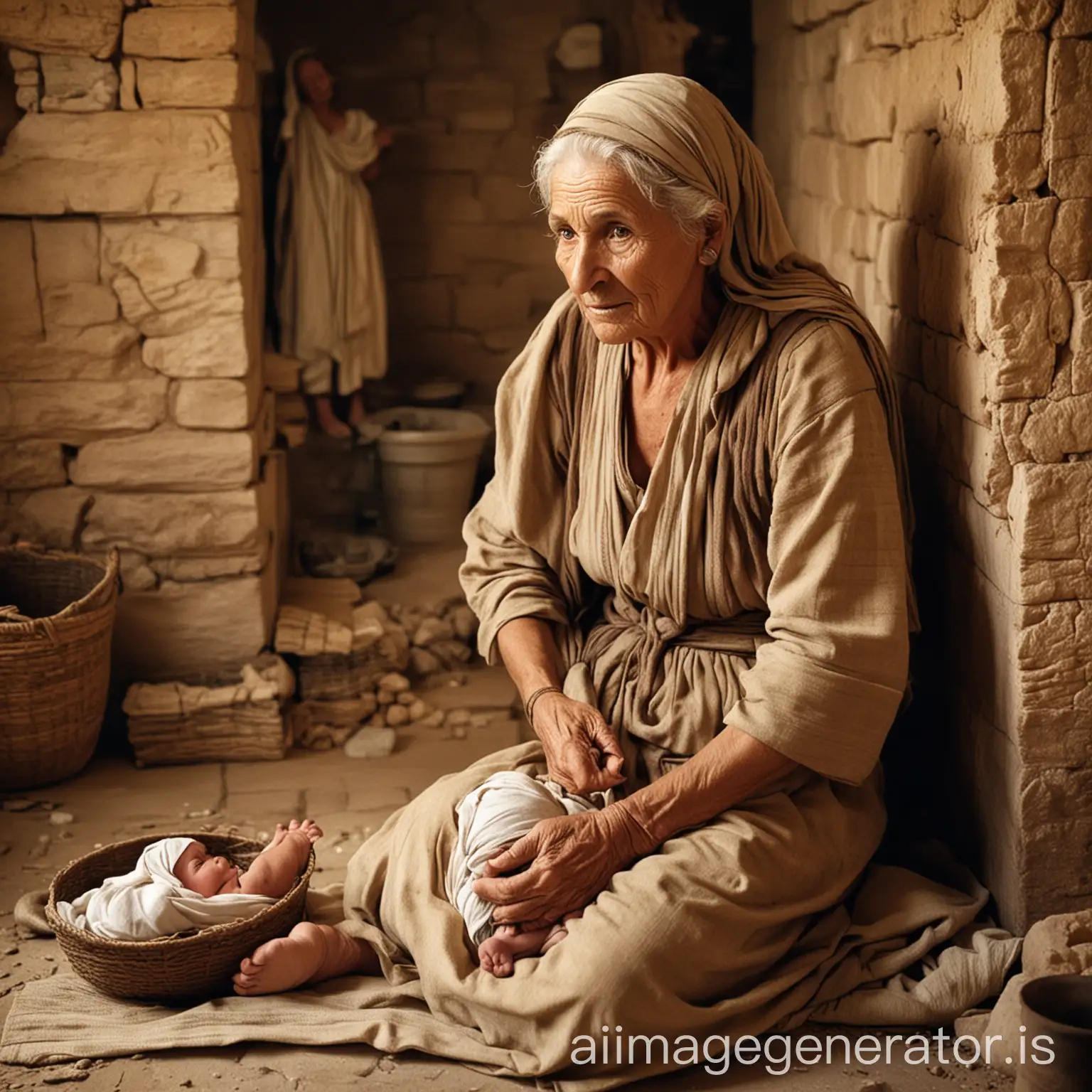 3000 BC. Ancient Israel. 90 year old woman looking after baby at home.
