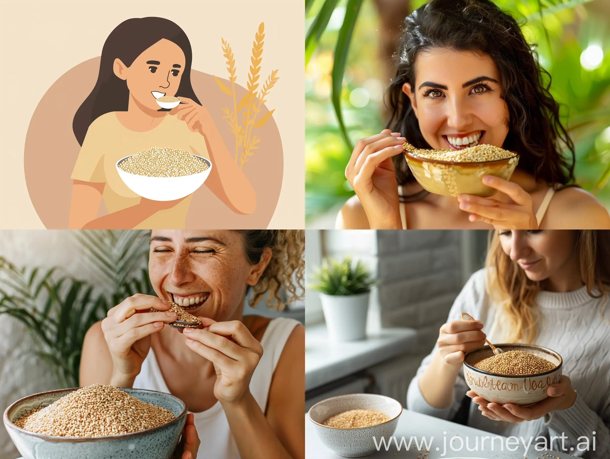 A picture of a woman eating a bowl of sesame seeds