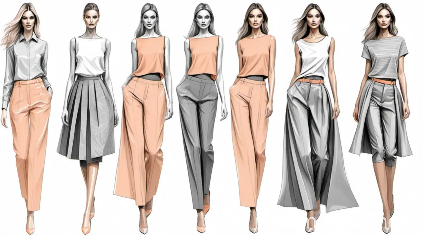 15 Fashion sketches for a modern fashion collection with peach and grey colours in different shades, silhouettes and lengths, dressed, skirts, trousers, tops