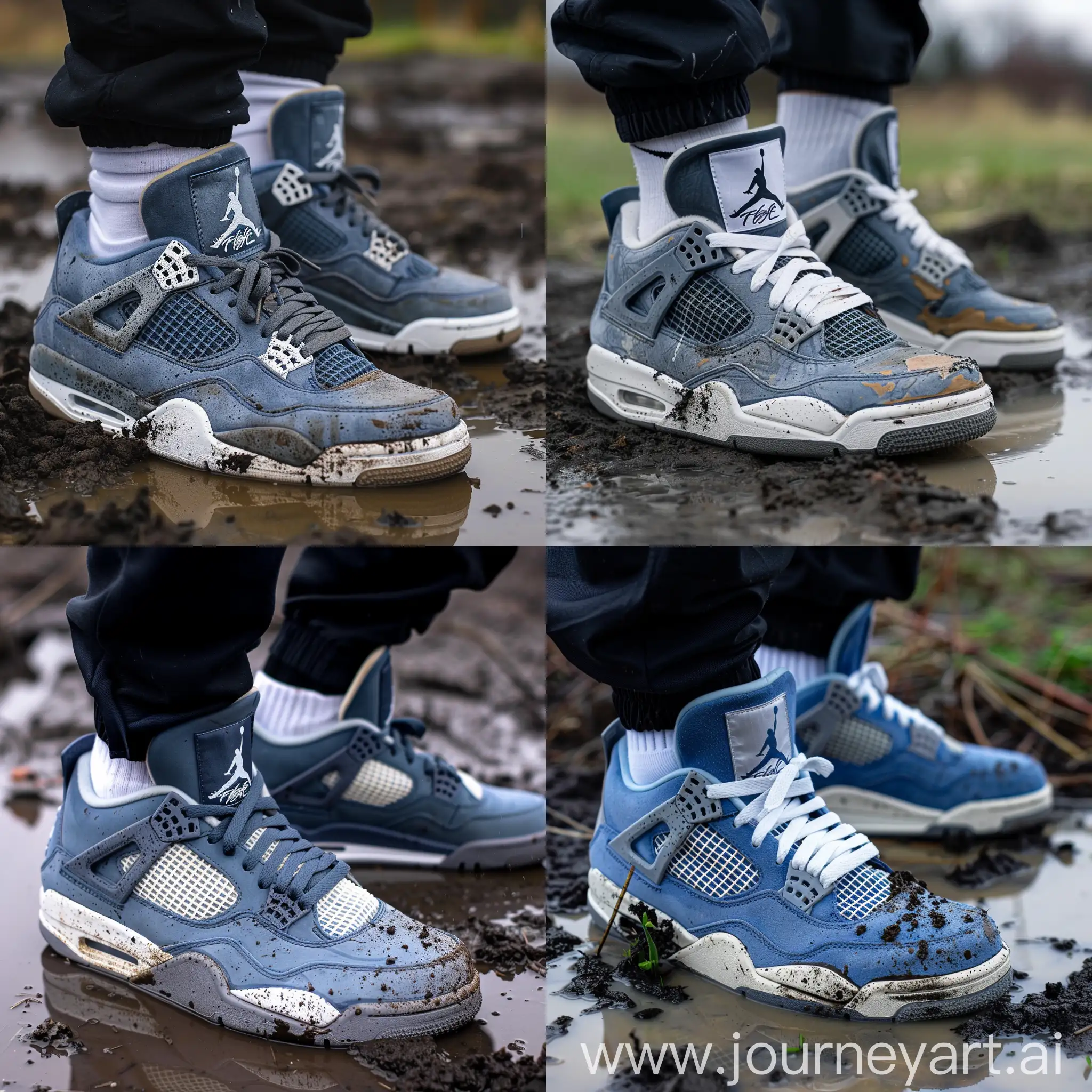 Jordan 4 в сине-серой расцветки польность в грязи в луже грязи  владелец носит его на белых носках nike и одет в черных штанах