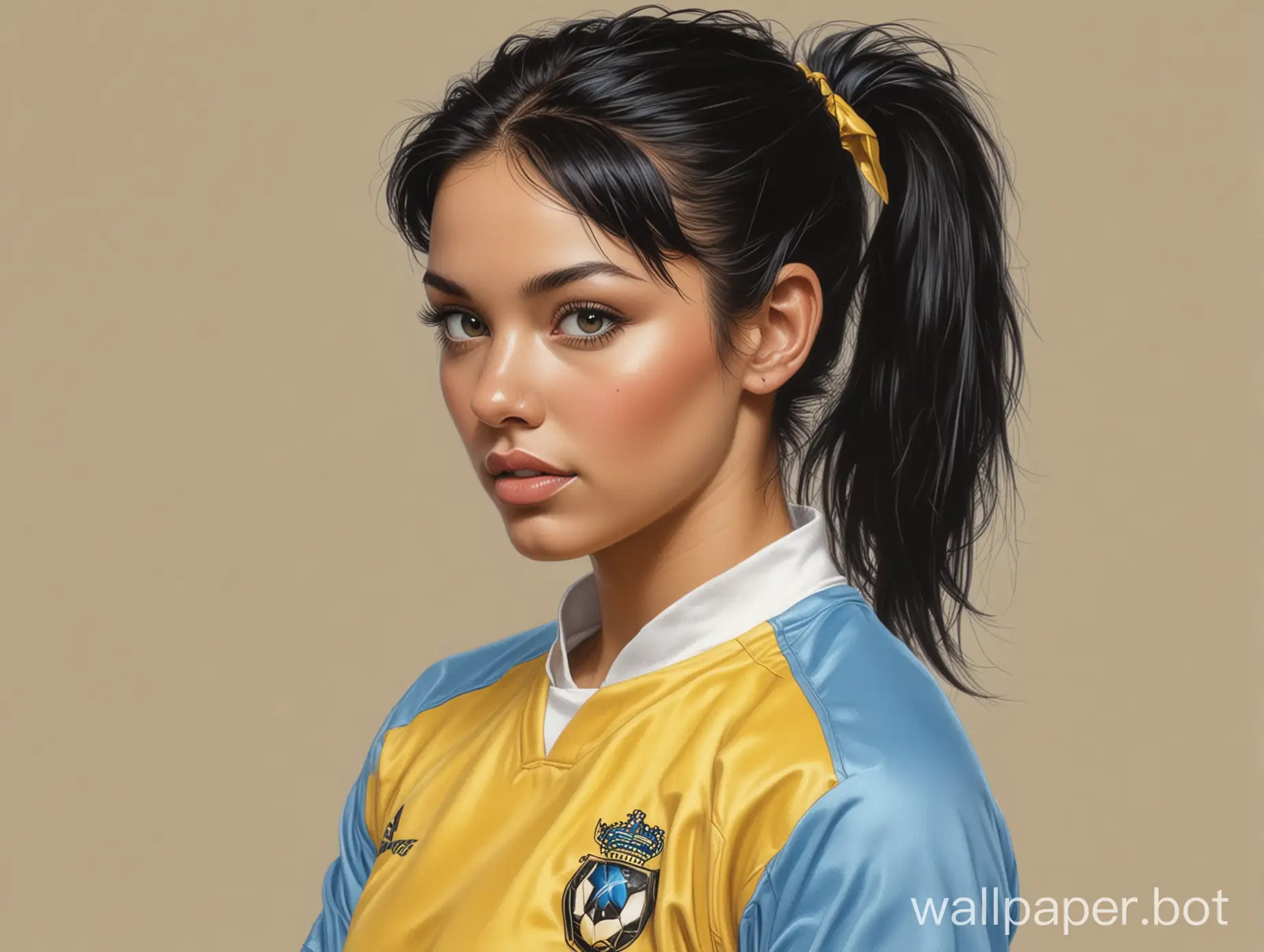 Sketch of young Sydney Crawford 26 years old black hair 5 breast size narrow waist In light yellow-blue soccer uniform white background high realism drawing with a liner portrait in semi-profile style Boris Vallejo