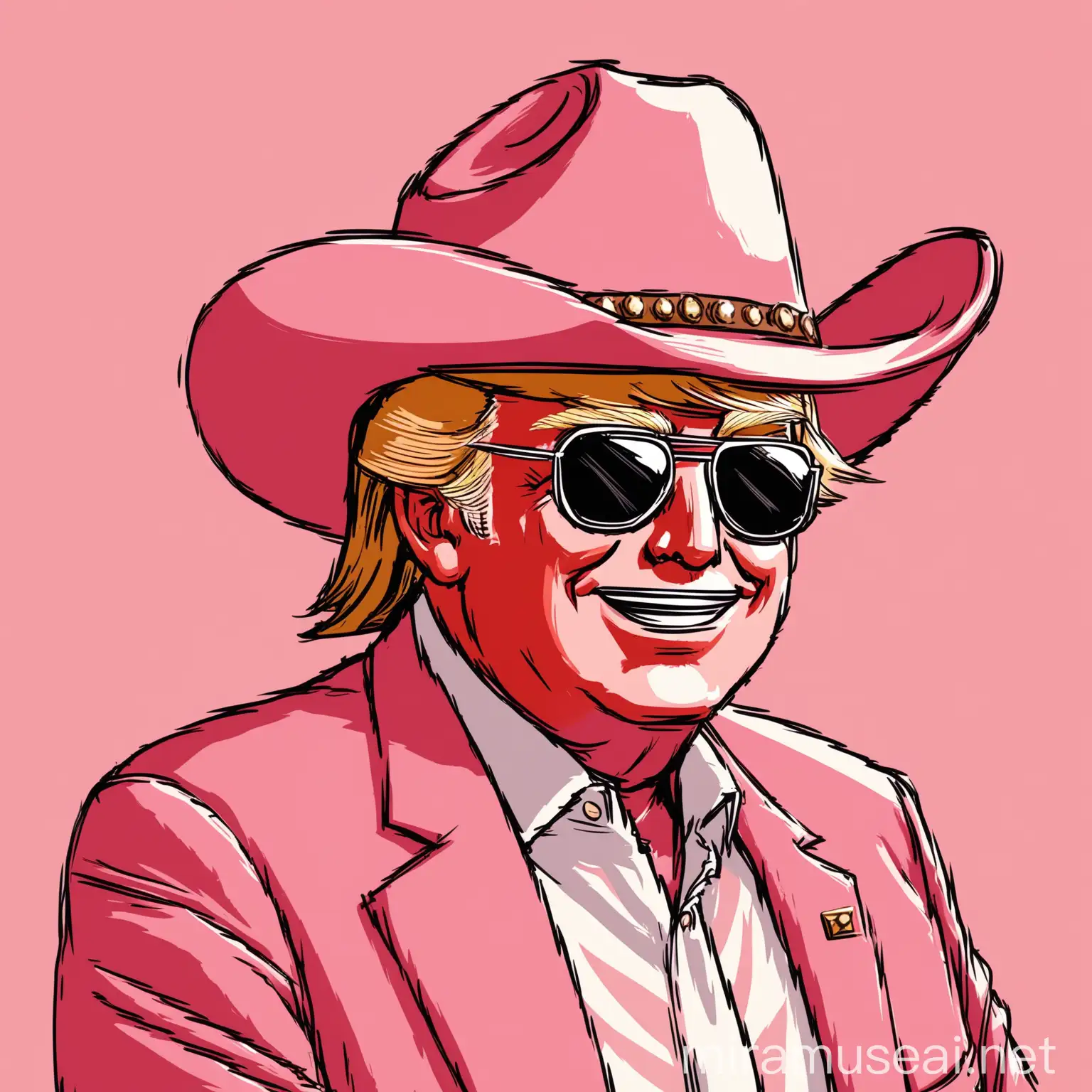 illustration of Donald Trump in pink, wears cowboy hat and sunglasses, happy 