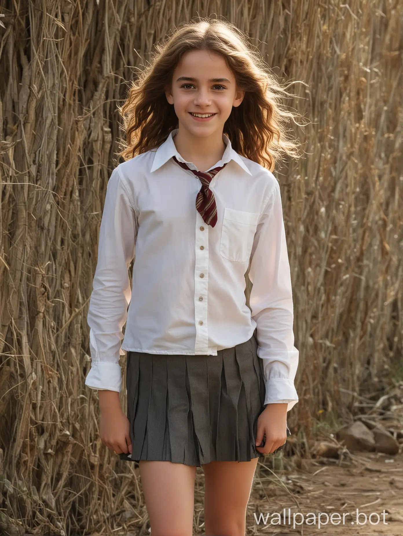 a girl of 11 years old, fully grown, Hermione Granger, against a natural background, light clothing, short skirt, smile, unbuttoned shirt