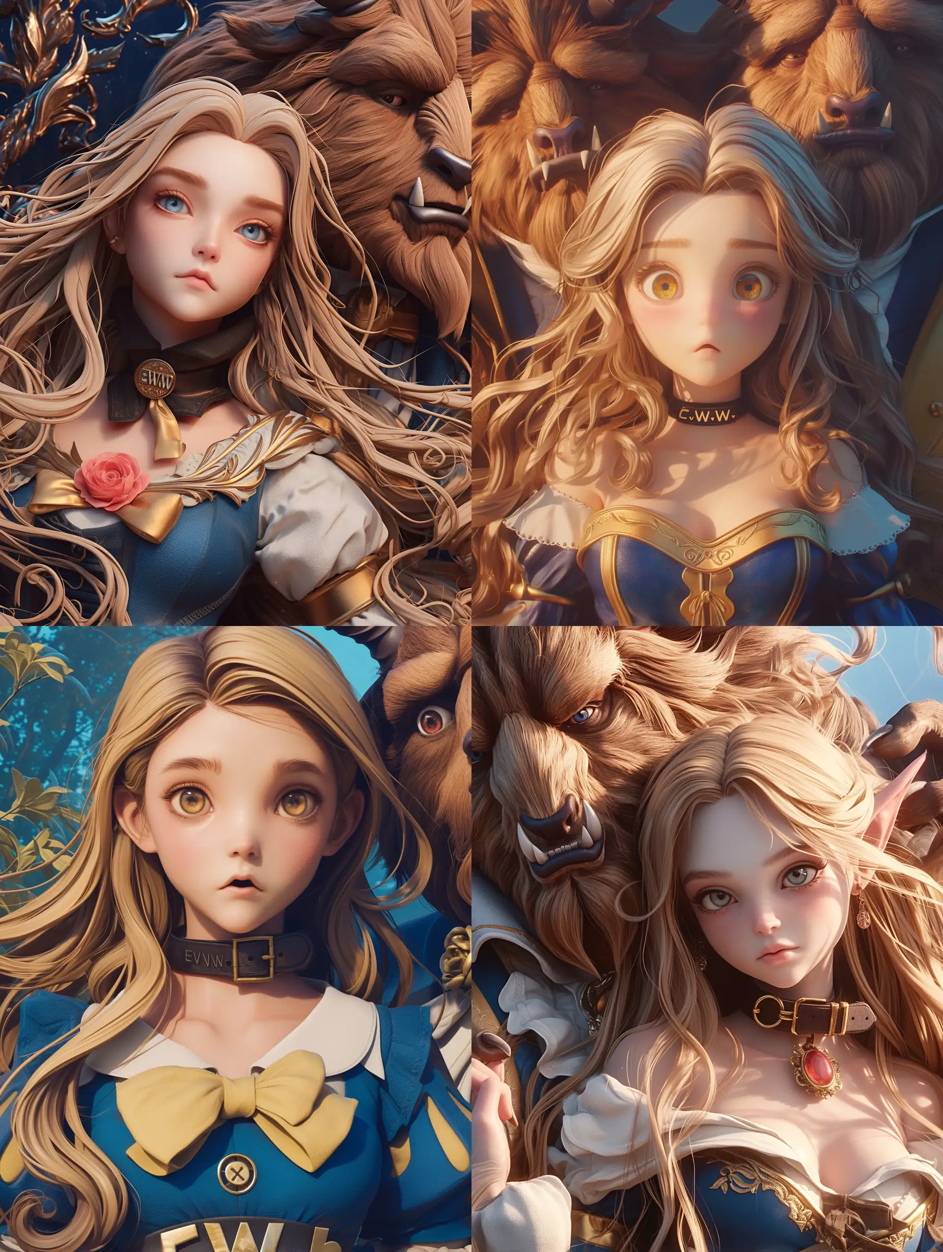 Ultra-Wide Angle, ein süsses Anime mädchen , lange blonde haare, trägt ein halsband mit der inschrift "EWW" ,als Beauty,  neben ihr das Beast von Beauty and the Beast in einer Märchenszene,  ultra realistic, high quality CGI VFX fine art, ZBrush HDR | color grading | dark shadows | ambient occlusion | high resolution | intricate | hyperrealistic textures, against an ultra-realistic background with high details and surreal elements. :: anime::-0.1 --niji 6 --s 250