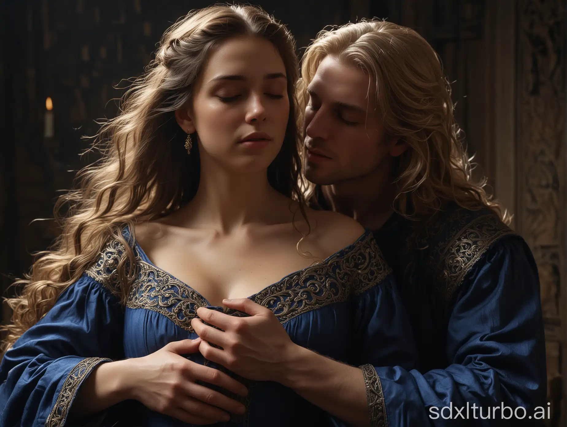 A beautiful brunette in her early twenties, with long hair slightly curly at the ends, wearing a medieval blue dress with an open bodice, closed eyes and  rests against the chest of a tall brutal handsome blond man with long hair who holds her by the waist, perfect composition, beautiful detailed intricate insanely detailed octane render trending on ArtStation, 8k, photorealistic concept art, soft natural volumetric cinematic perfect light, chiaroscuro,  masterpiece, Greg Rutkowski