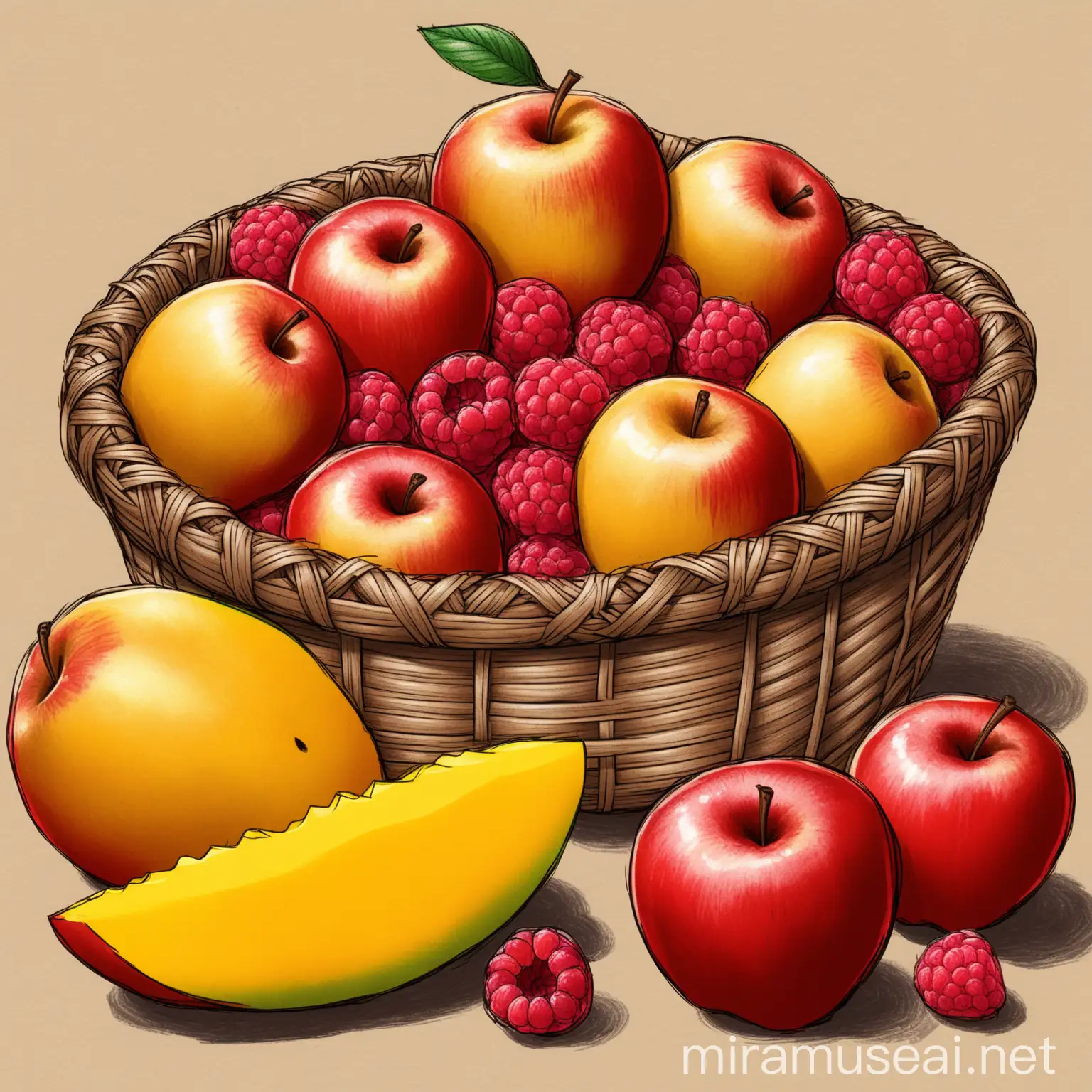 handdrawing of red apples, rasberries and  in a basket. slices of mango in the front