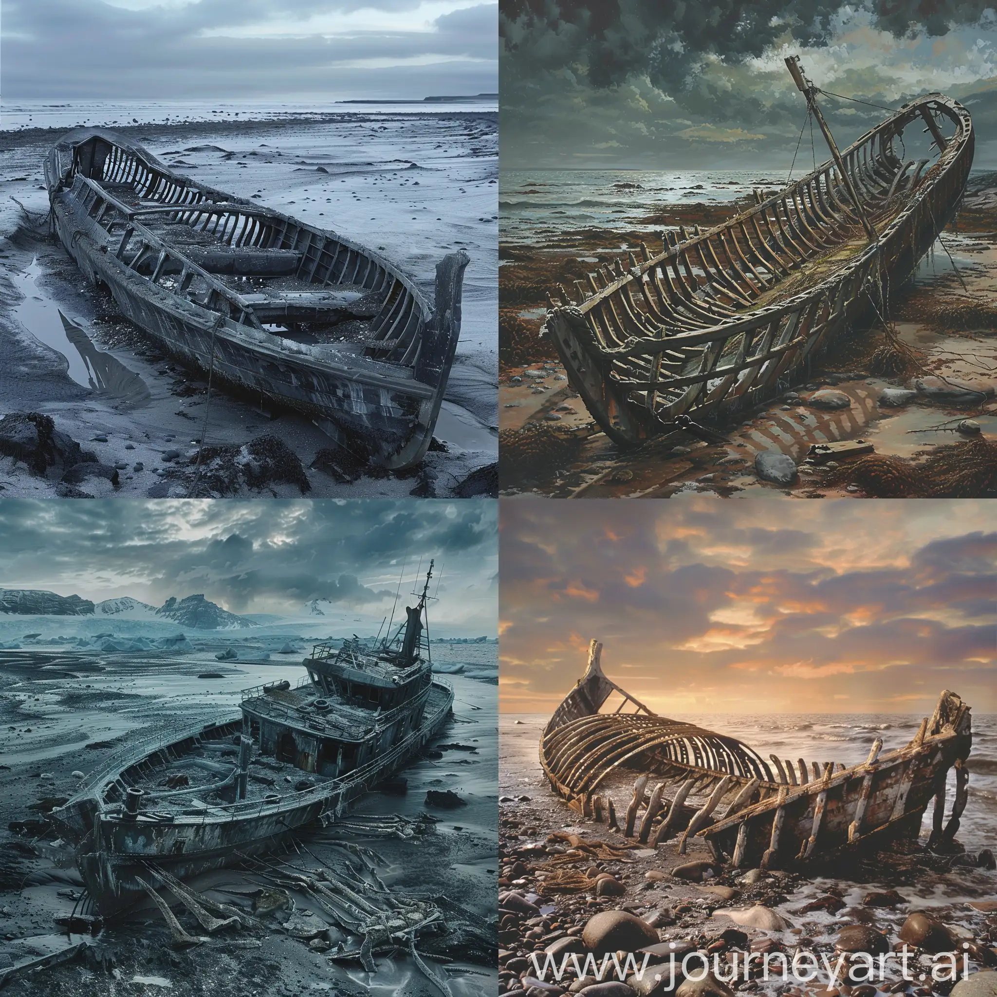 Deserted-Northern-Sea-Shore-with-Discarded-Fishing-Vessel-Skeleton