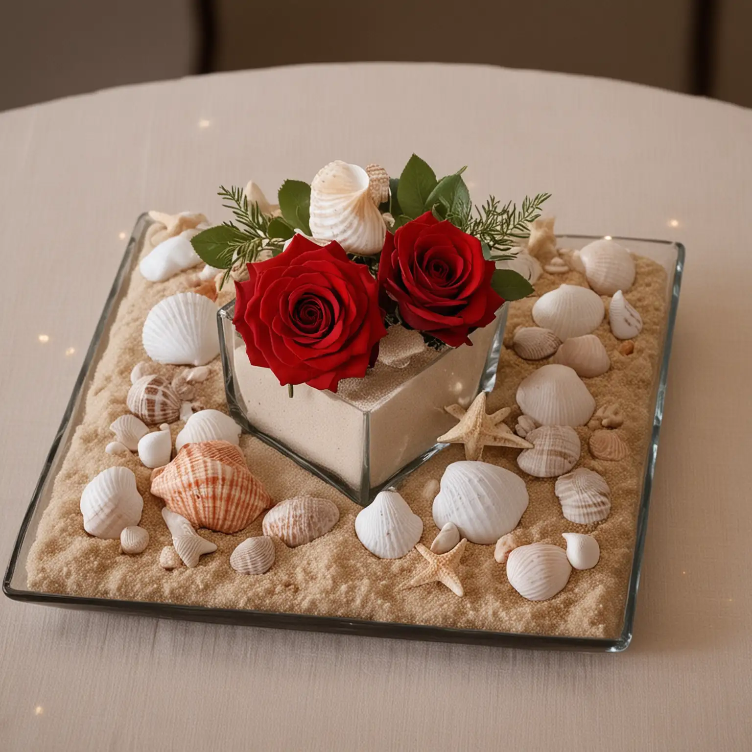 red rose and sand and seashell centerpiece in a square vase for wedding table; keep background neutral