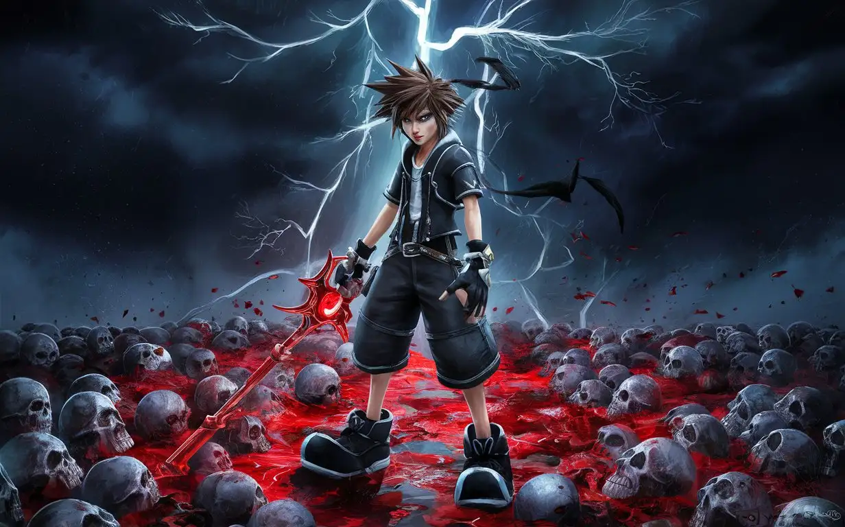 dark black Emo Sora with his dark keyblade from kingdom hearts epic wallpaper dark colors with blood and creepy vibes in a fighting stance with skulls of the heartless he has slain.
