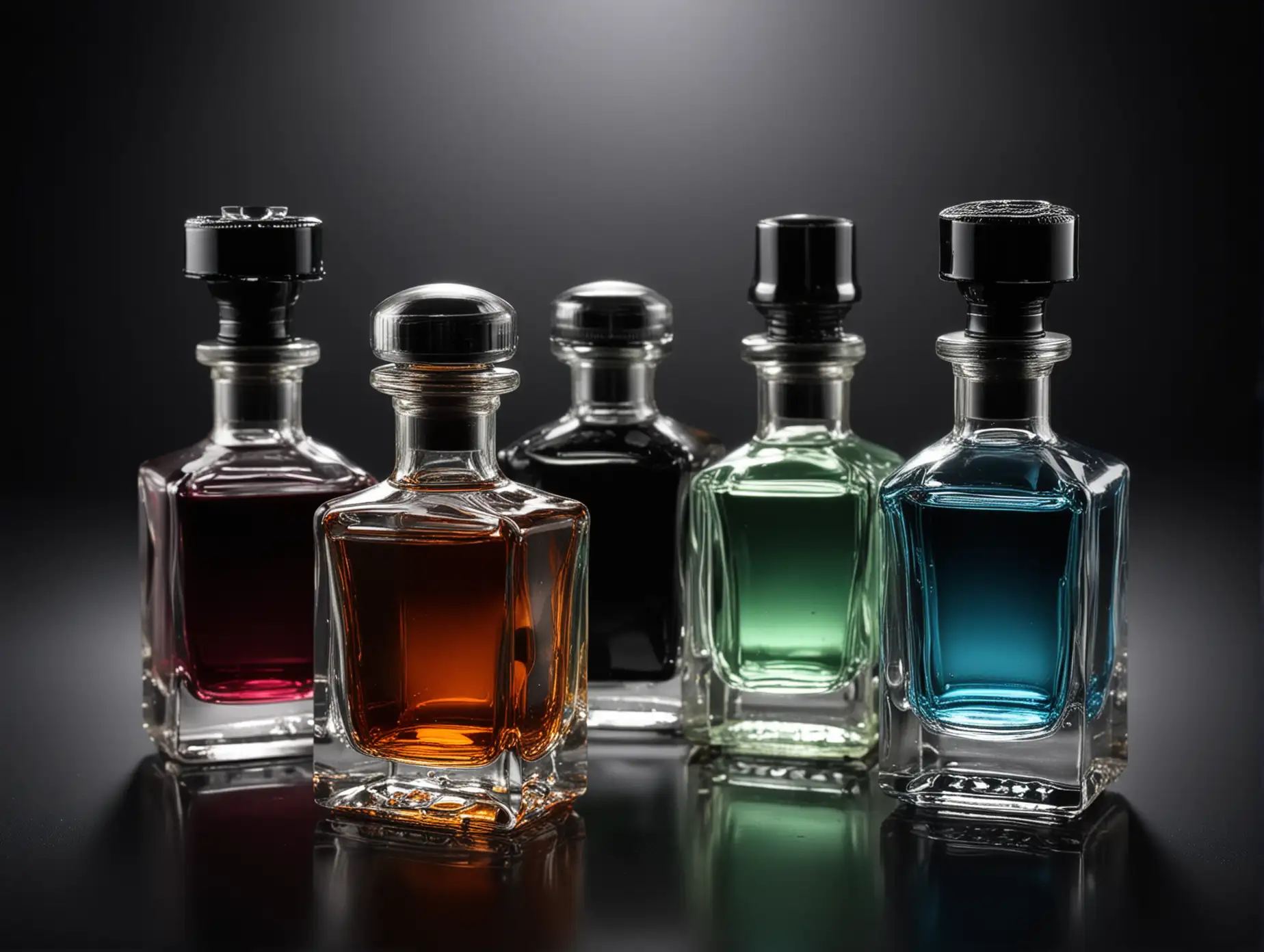 Shiny Perfume Bottles with Colorful Liquids on Black Background