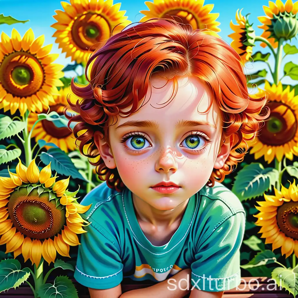 The cunning curly red-haired boy with big eyes from the cartoon Antoshka gnaws sunflower seeds on the bench, around sunflowers, bright colors, very clear image, 125k, 64mp, hyperrealism, professional photo, drawing details with black alcohol markers, diamond painting