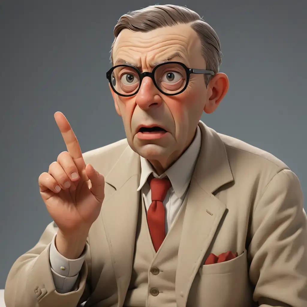 The philosopher Jean Paul Sartre points his finger at  himself, he is discouraged and surprised. He feels awkward, his cheeks are red. In the style of 3d animation, realism.