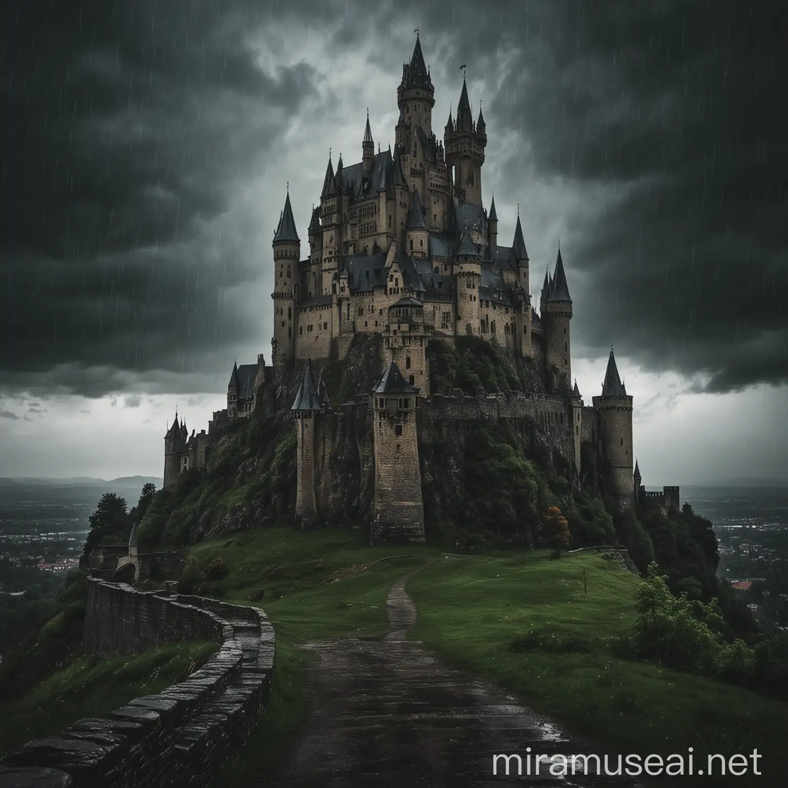 A big castle in a dark and rainy weather