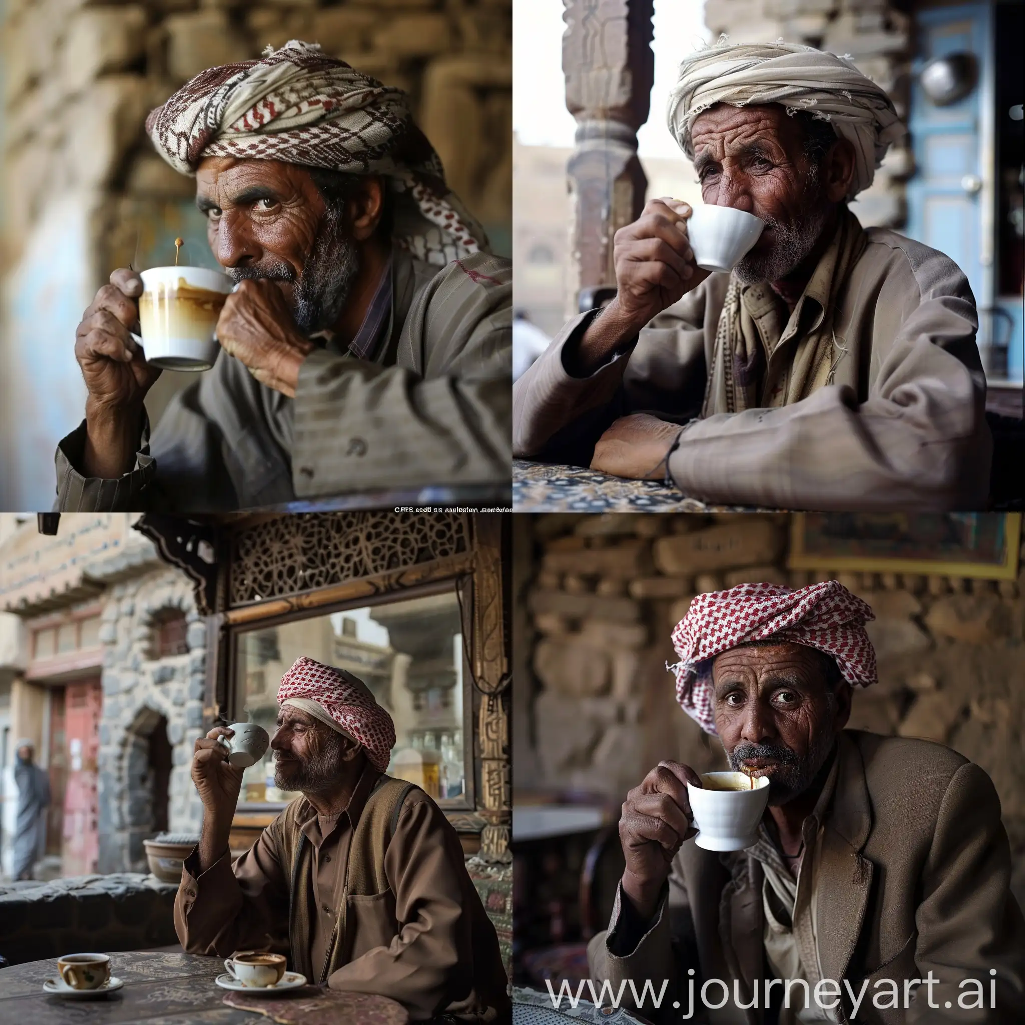 A Yemeni man drinks coffee in a Yemeni cafe