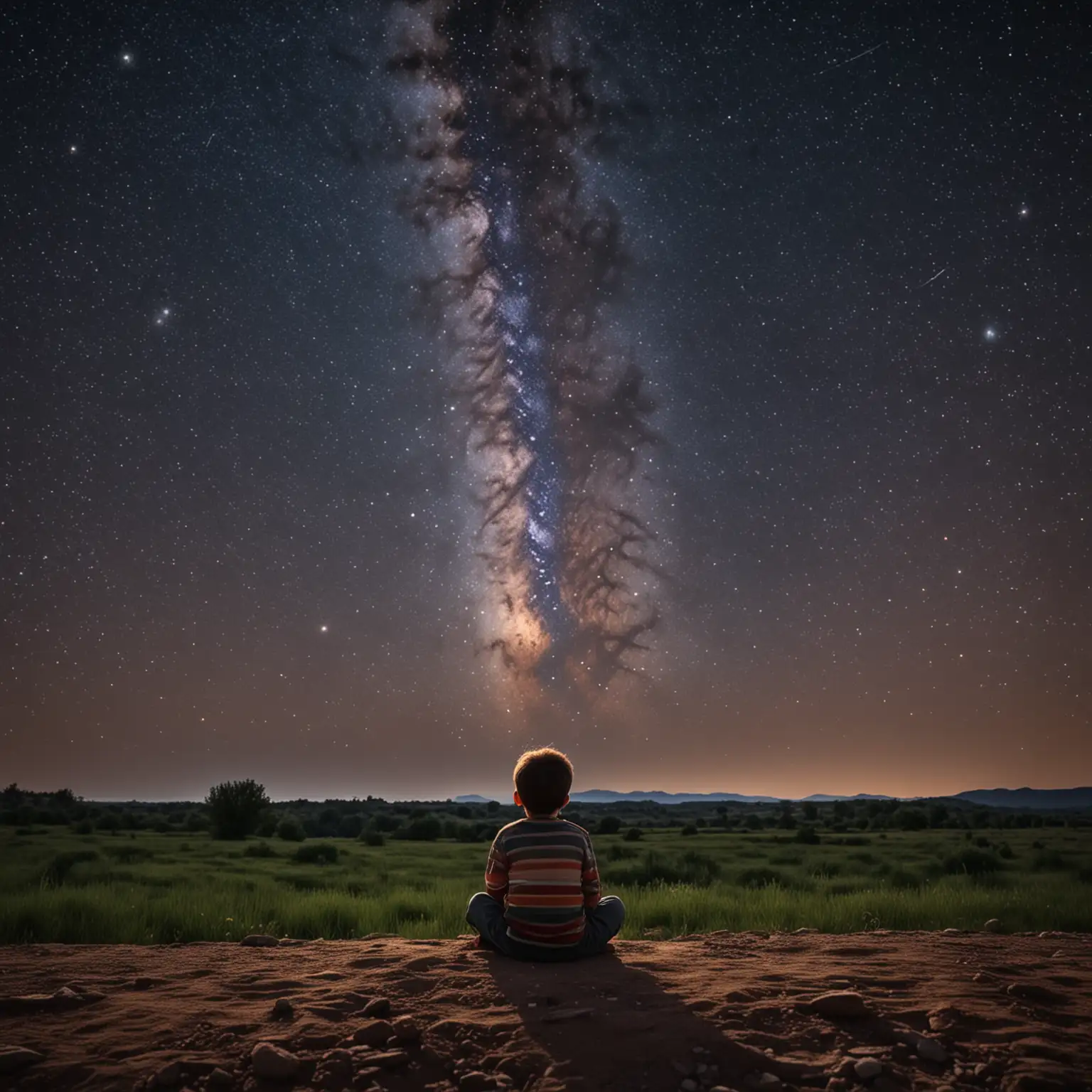 一个小男孩坐在星空下，星空时五光十色的样子。