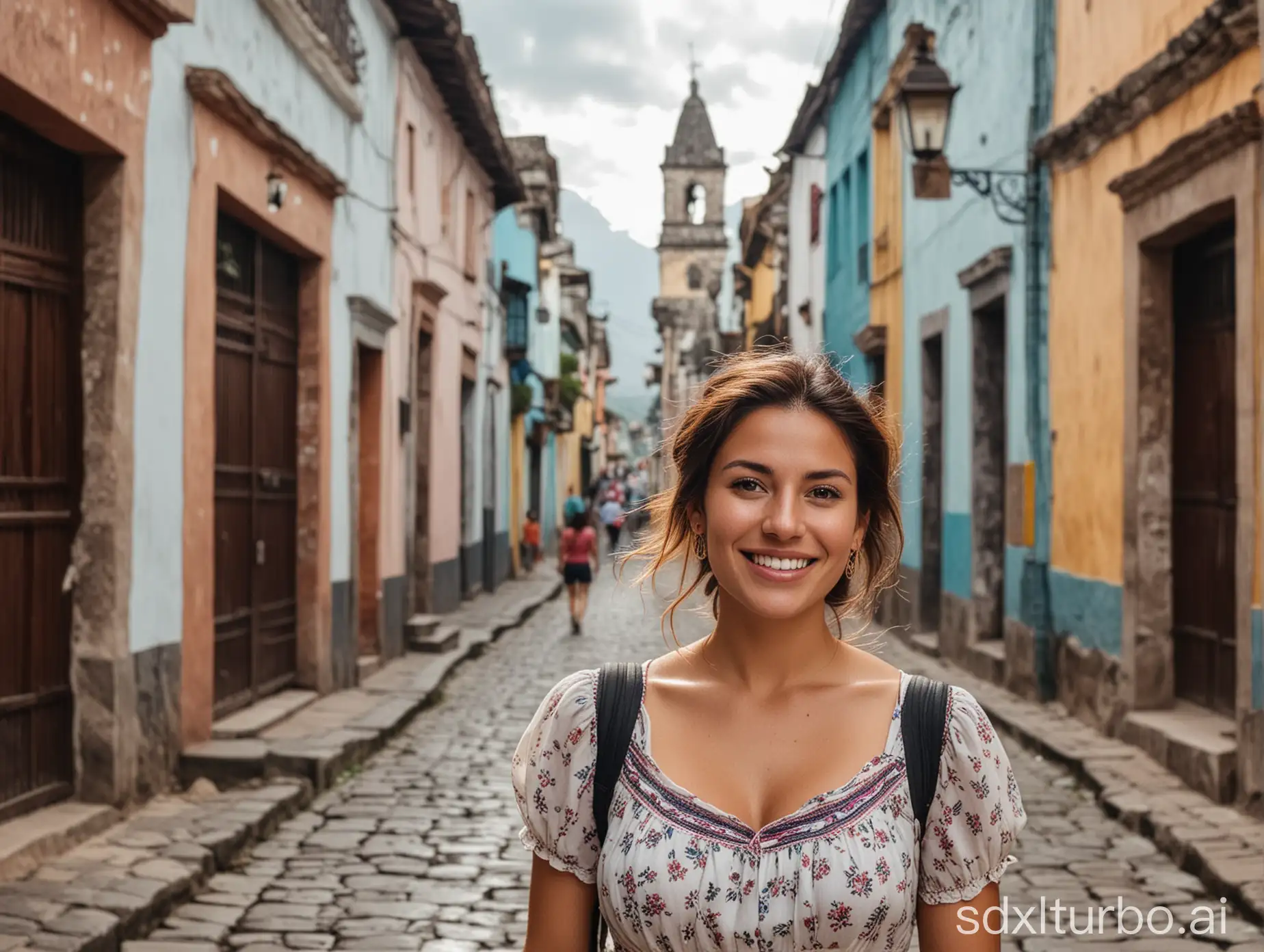 realistic pretty and fit woman in Guatemala historic center walking to the camera smiling