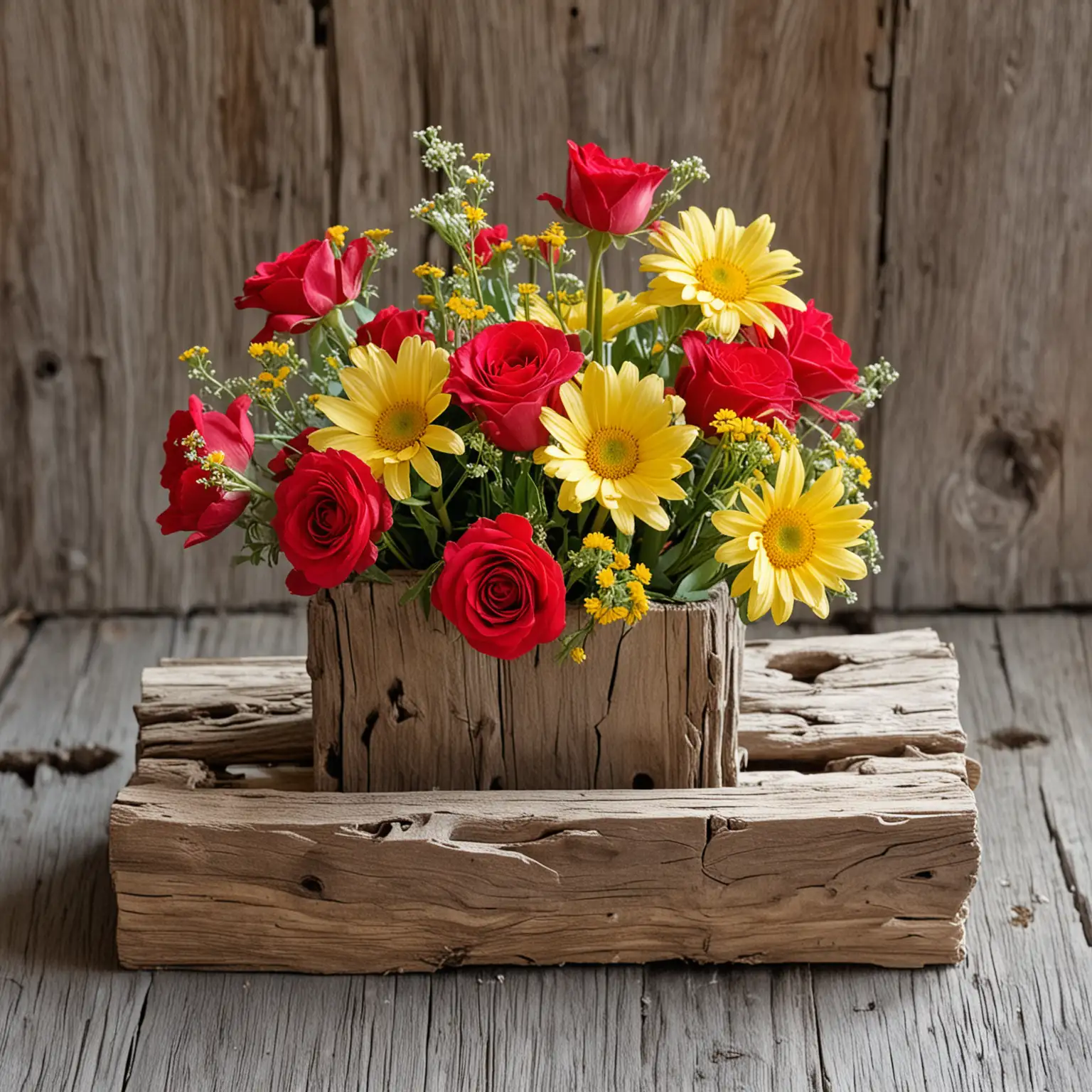 small spring boho wedding centerpiece using a small and simple bouquet of red roses and yellow daisies in a small worn out drift wood box as a vase