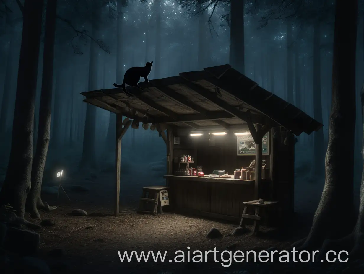 Mysterious-Small-Stall-in-Dark-Forest-with-Glowing-Cat-Eyes