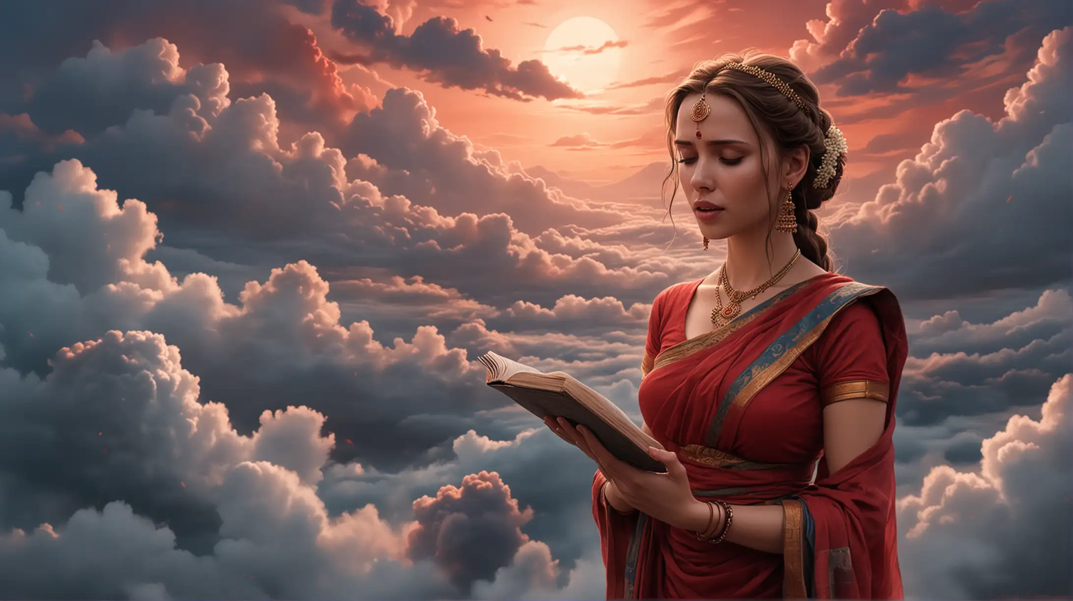 cartoon, Scarlett Johansson as indian girl reads Mantras of the Rig Veda only 5 fingers, azure dress, Tibet, fog, clouds, Red Sky, eyes closed