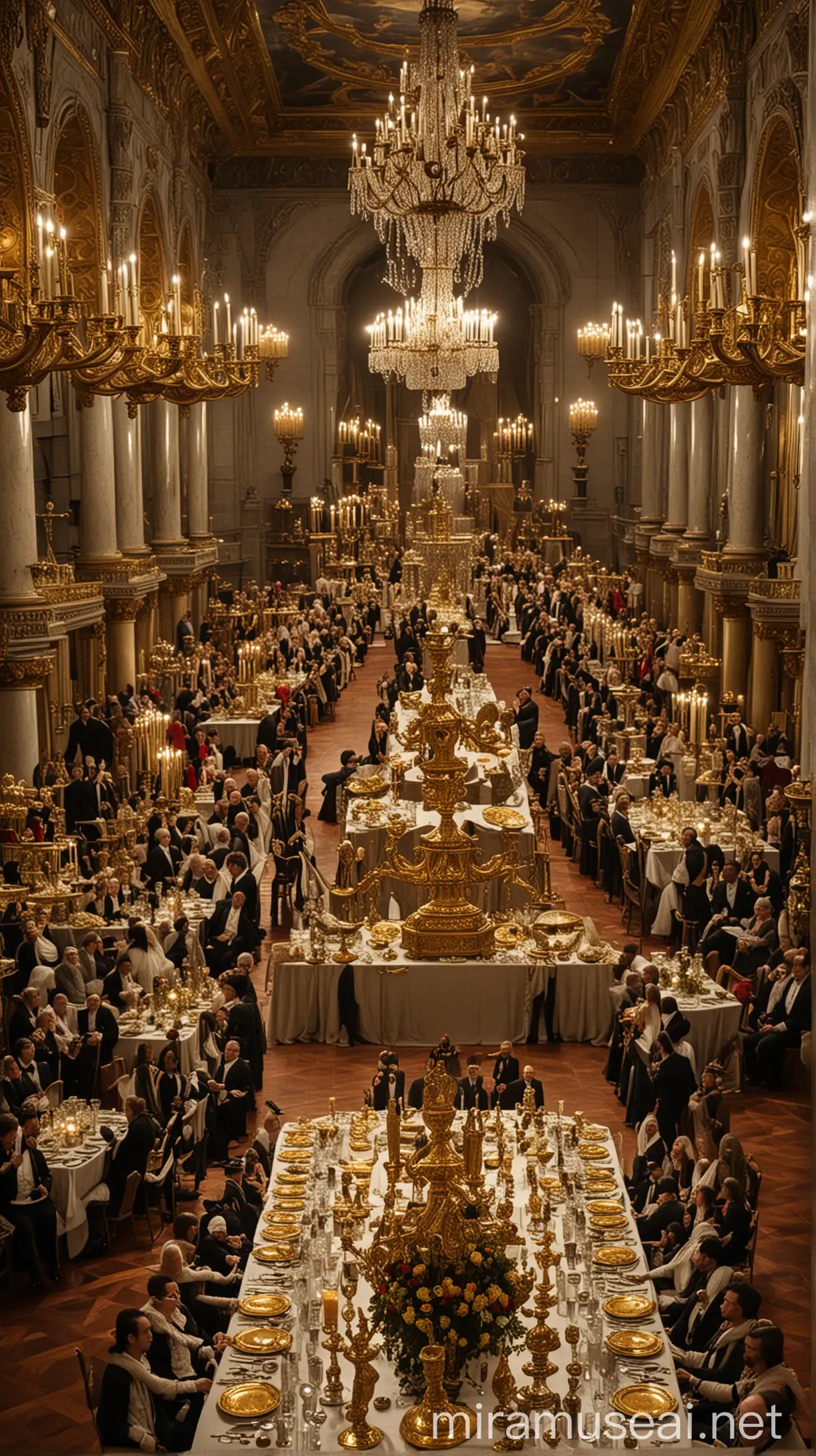 A grand banquet hall with a lavish table set for a thousand guests, featuring golden and silver utensils, candelabras, and a king's throne. Belshazzar, a regal figure with a crown and royal robes, sits at the head of the table, surrounded by his guests."in ancient world 