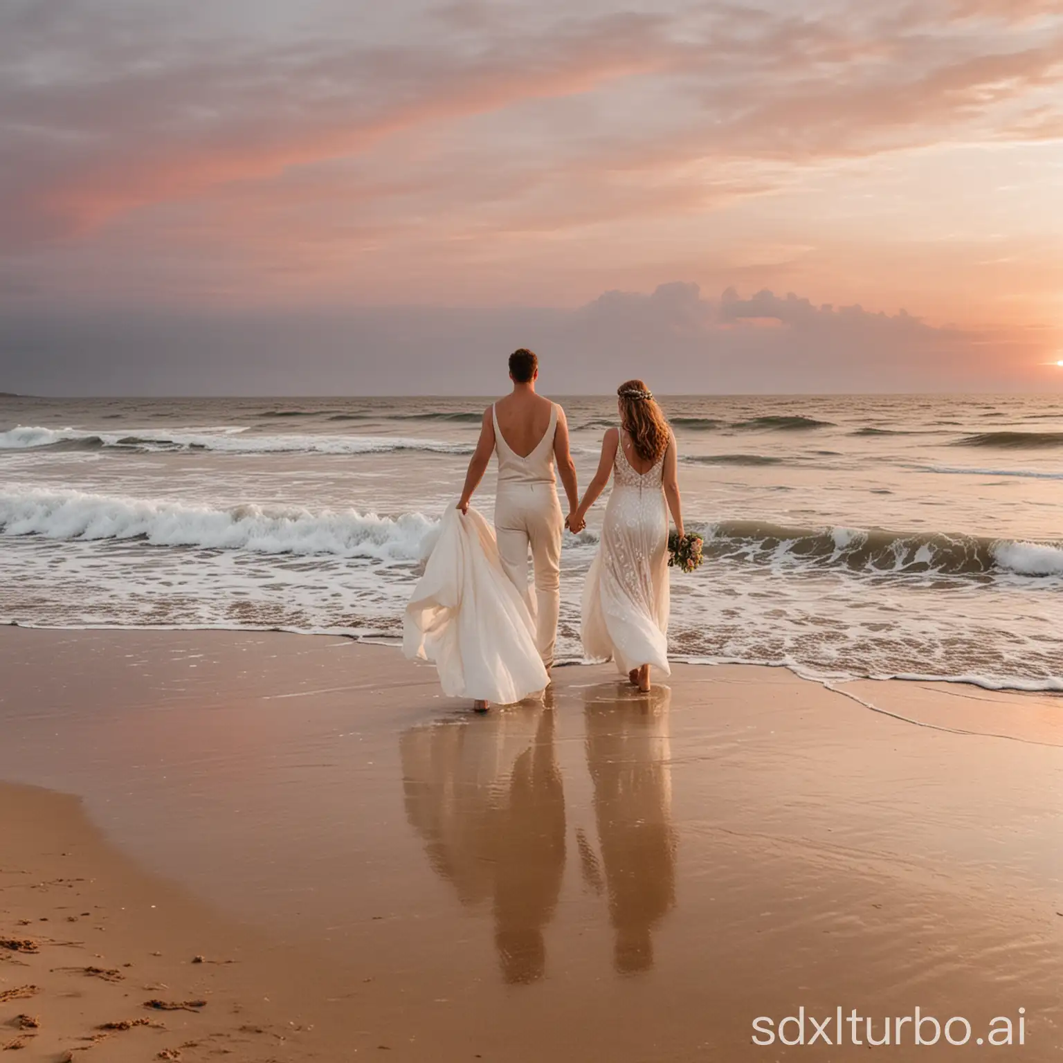 bride and groom walking towards the sunset on the beach