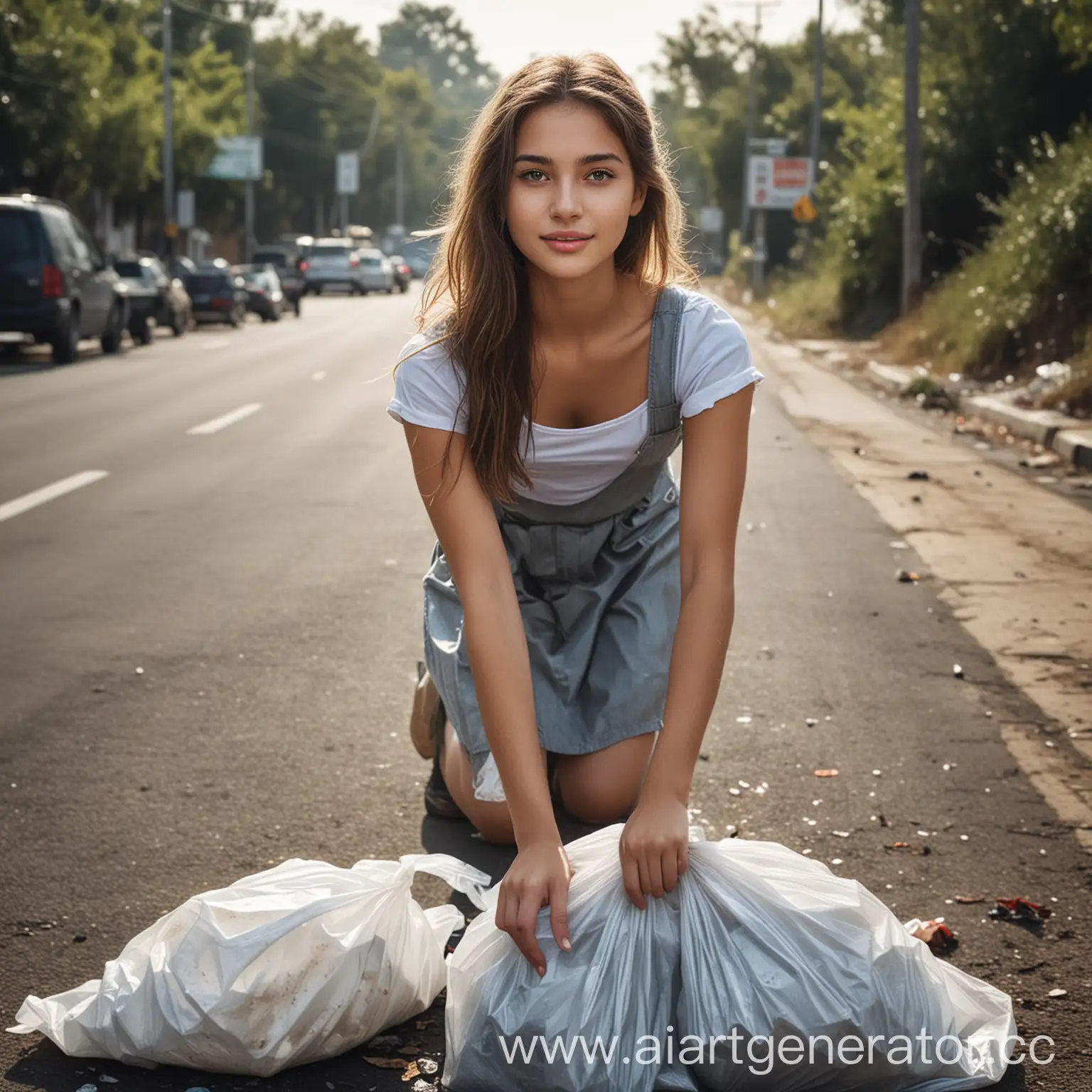 придумай рекламный постер на котором изображена красивая девушка которая уже убрала мусор в пакеты на обочинах дорог и стало чисто 