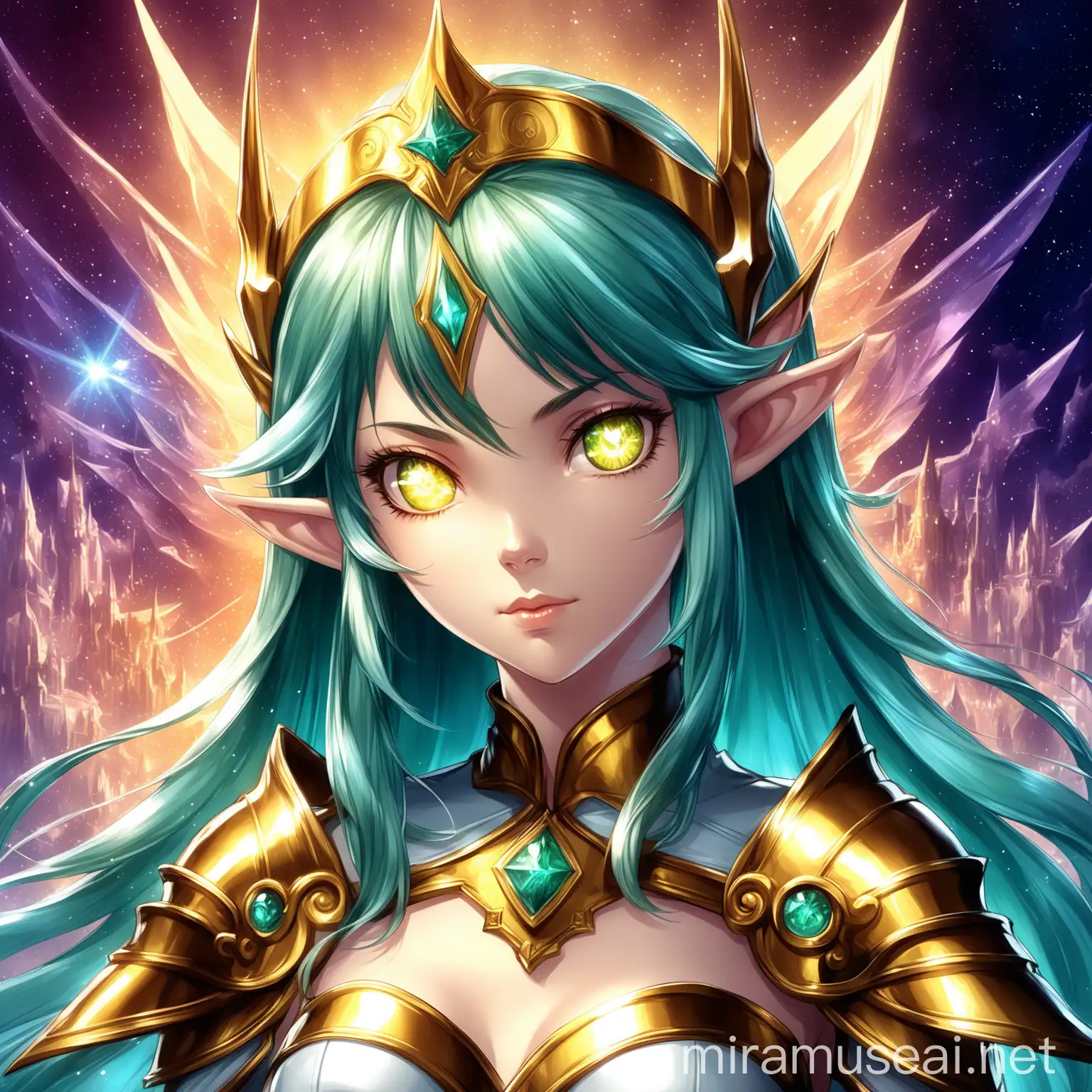 a anime character, alluring elf princess knight, anime in fantasy style, 2. 5 d cgi anime fantasy artwork, portrait knights of zodiac girl, elf girl, artgerm and genzoman, anime fantasy illustration, anime girl with teal hair, epic light novel art cover, she has elf ears and gold eye. in anime