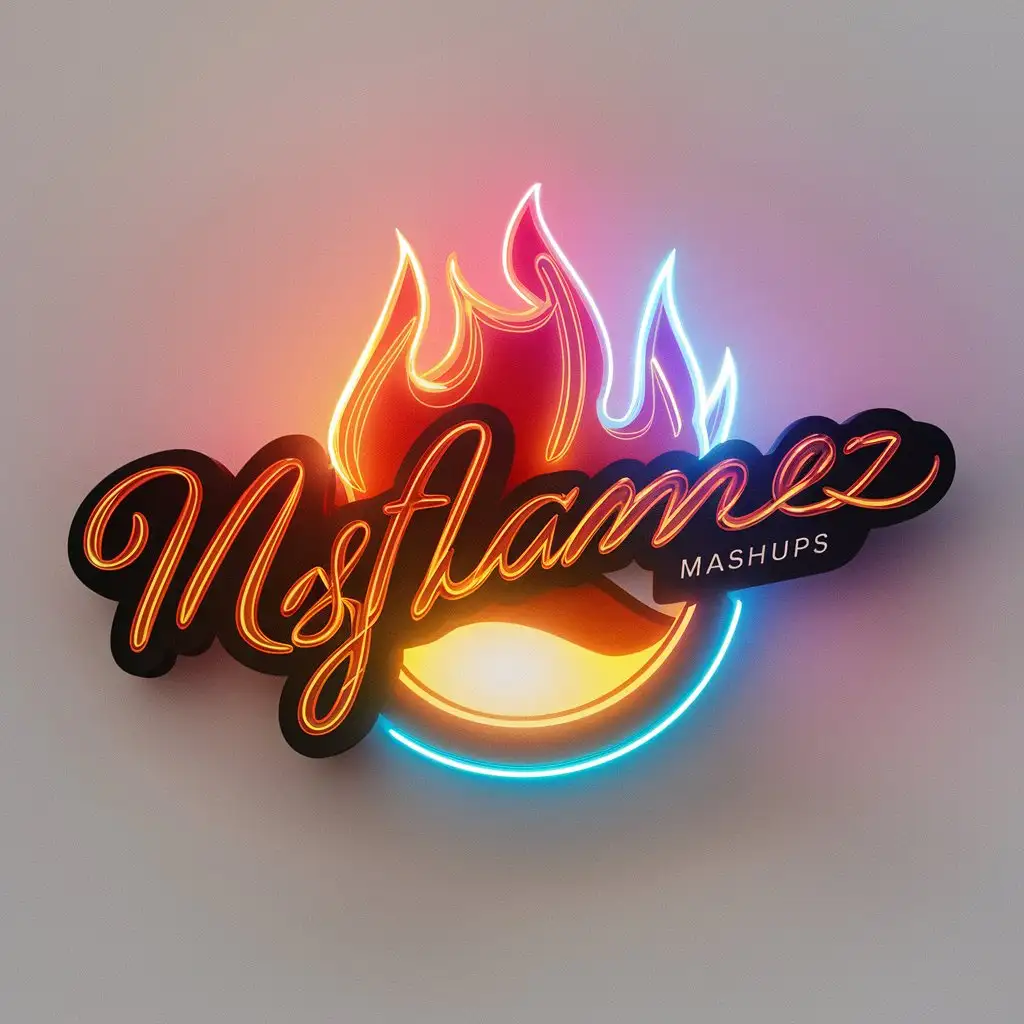 a logo design,with the text 'MsFlamez Mashups', main symbol: Black outline, red,purple,blue,orange,sexy, cursive, fire colors, realistic fire, glow, neon, 3d, clear background, Minimalistic, clear background
