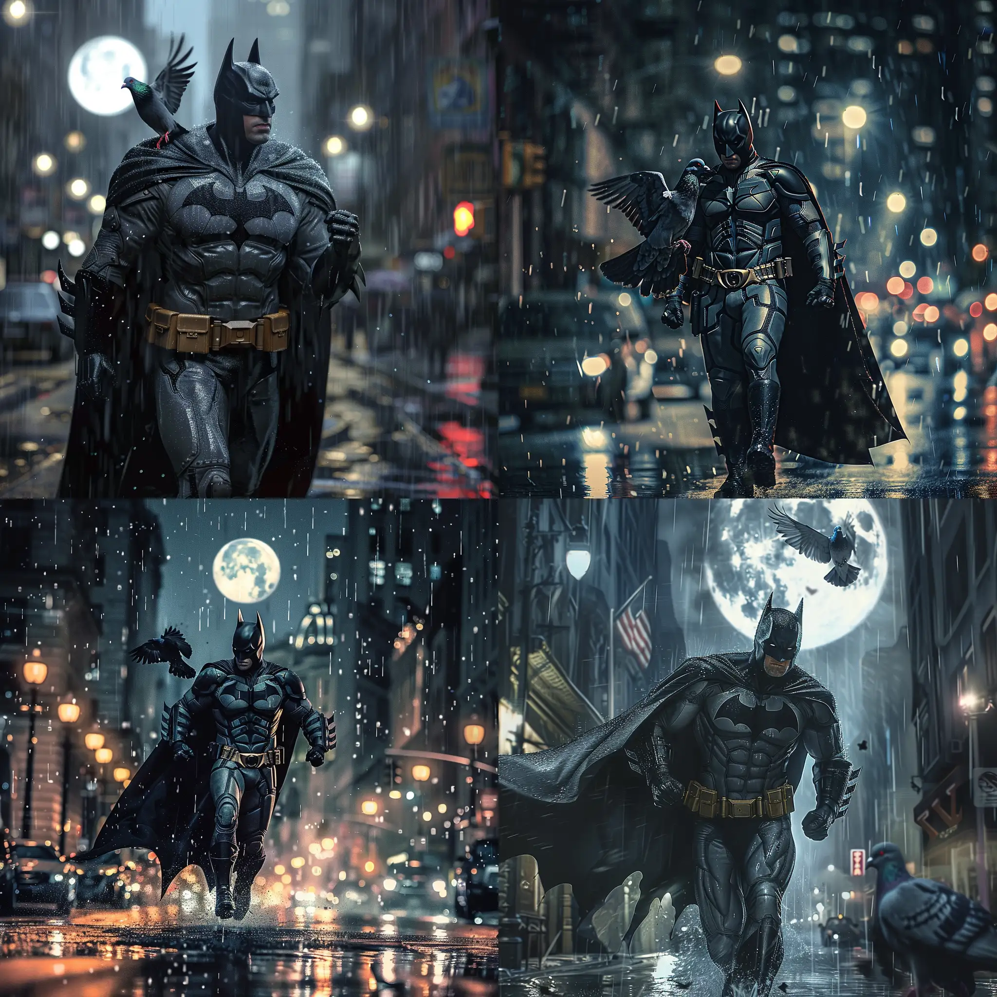 Batman rushing down the street with a pigeon on his shoulder at night in the rain with a full moon, low angle heroic shot