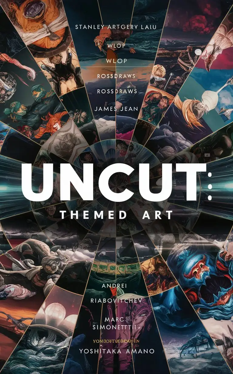 Can you describe a design concept for a banner that has the text 'UNCUT: THEMED ART' printed BORDER a background of random artwork? Provide a specific description of what the artwork and banner design would look like."premium 14PT card stock authenticated breathtaking 8k 16k visuals --chaos 90 --testpfx Amazon Prime Video, Cinematic, vast lighting, 4K, ultra hd, stanley artgerm lau, wlop, rossdraws, James Jean, Andrei Riabovitchev, Marc Simonetti, yoshitaka Amano
