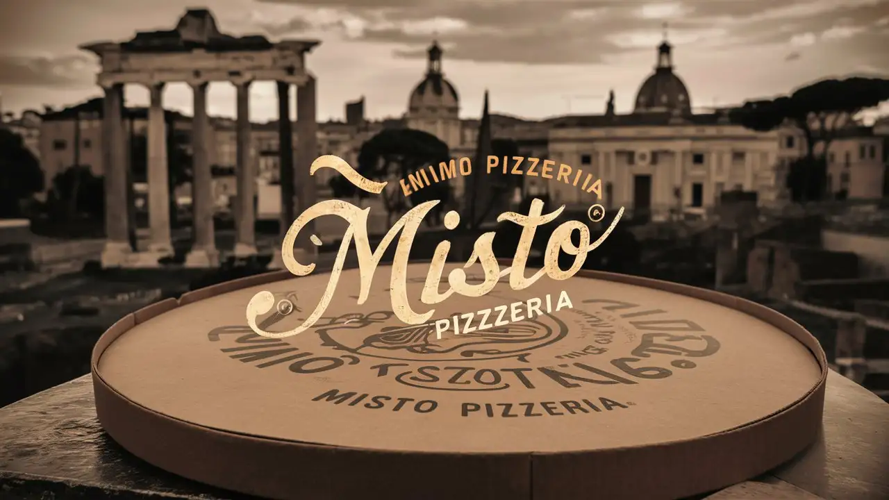 MISTO Pizzeria, Typography logo, Rome City in the background, Fashion photography, Brand Identity, Vintage style,