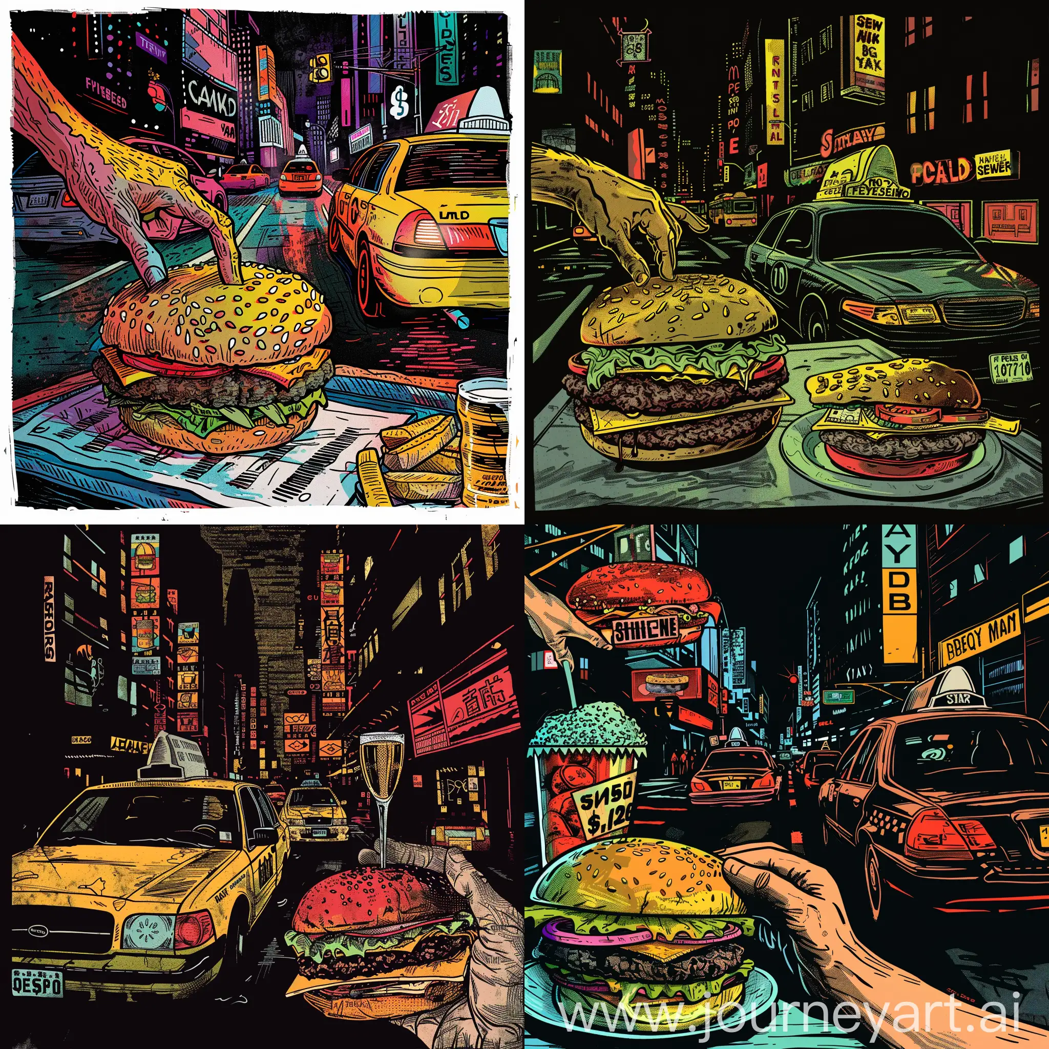 Urban-Street-Scene-with-Taxi-Burger-and-Beer-Sketch-in-Comics-Style